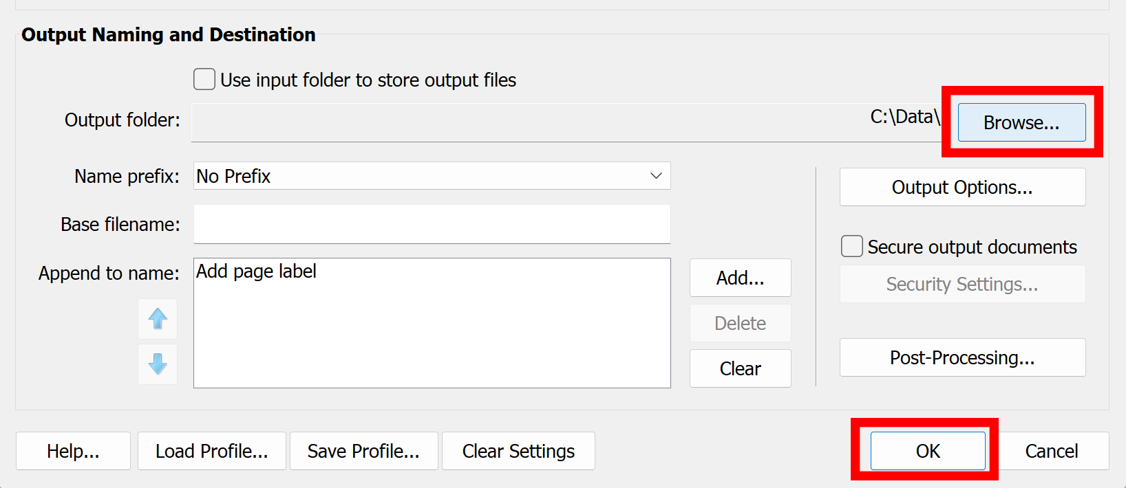Specify output folder