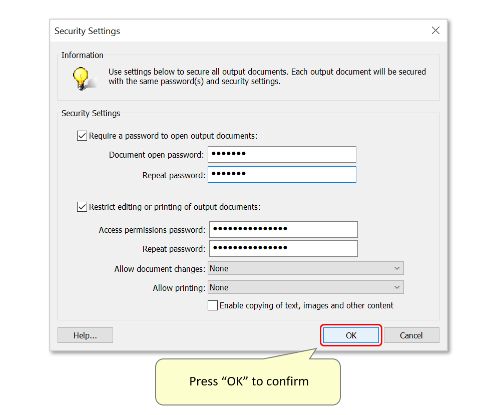 Add Passwords for Opening/Editing/Printing Split PDF Files