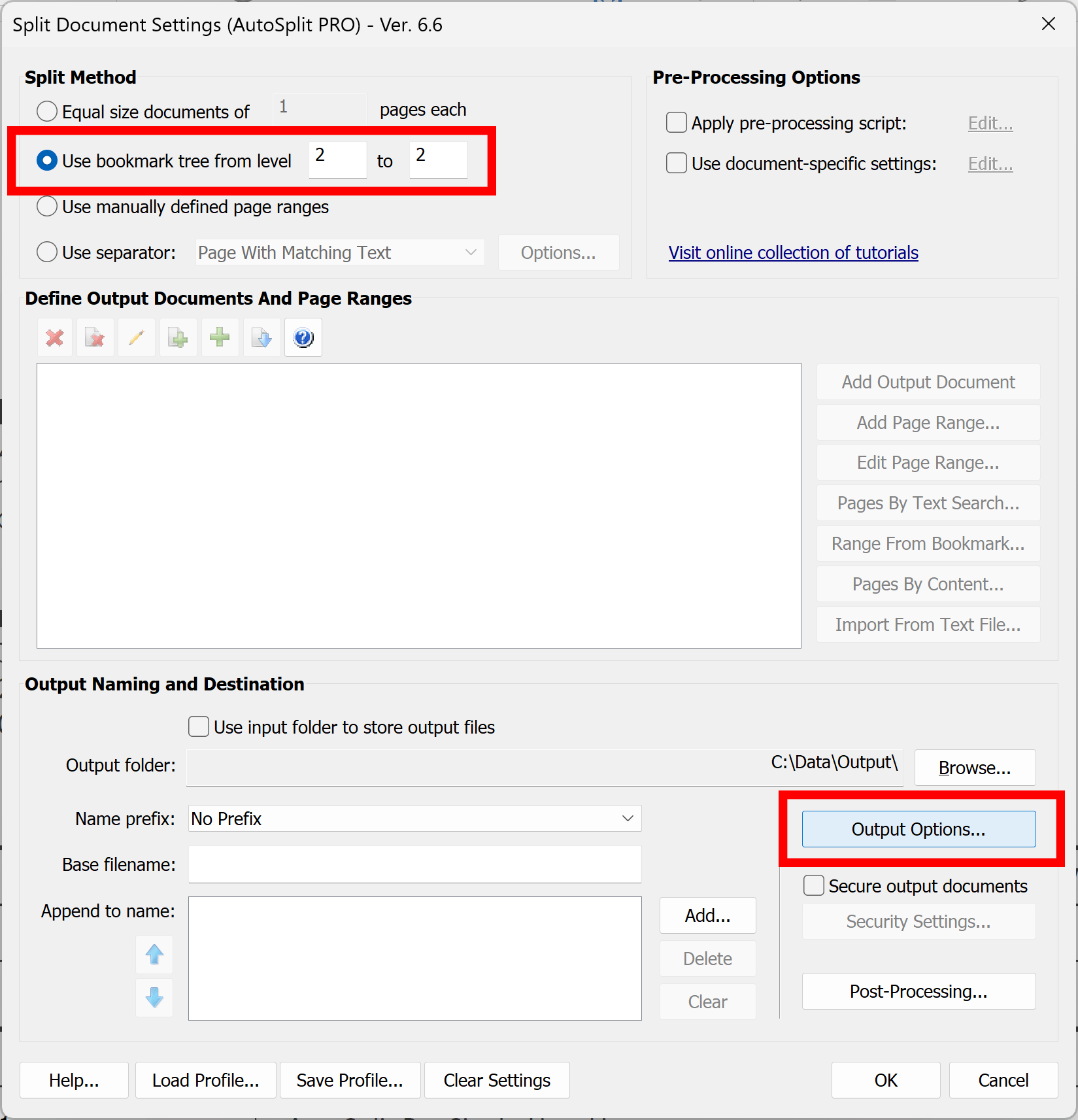 Select splitting by bookmarks option