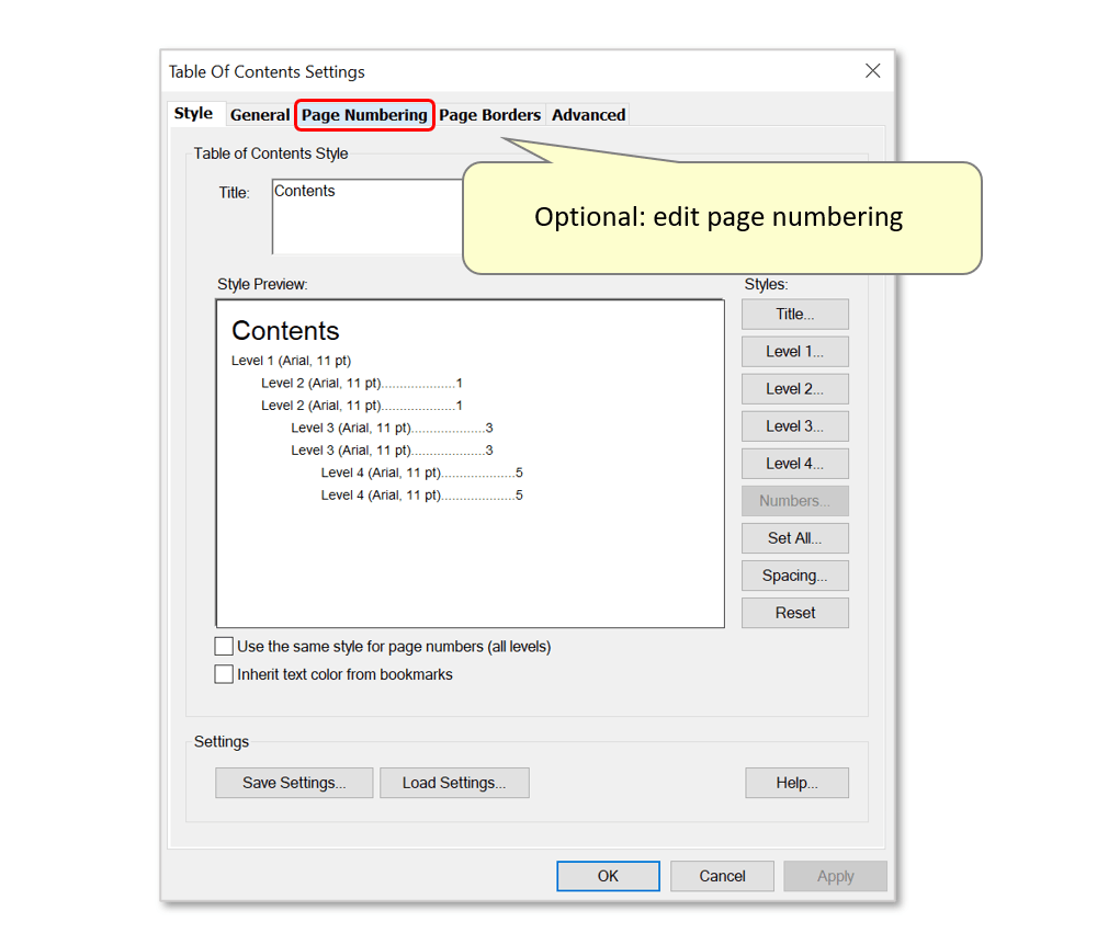 configure TOC settings