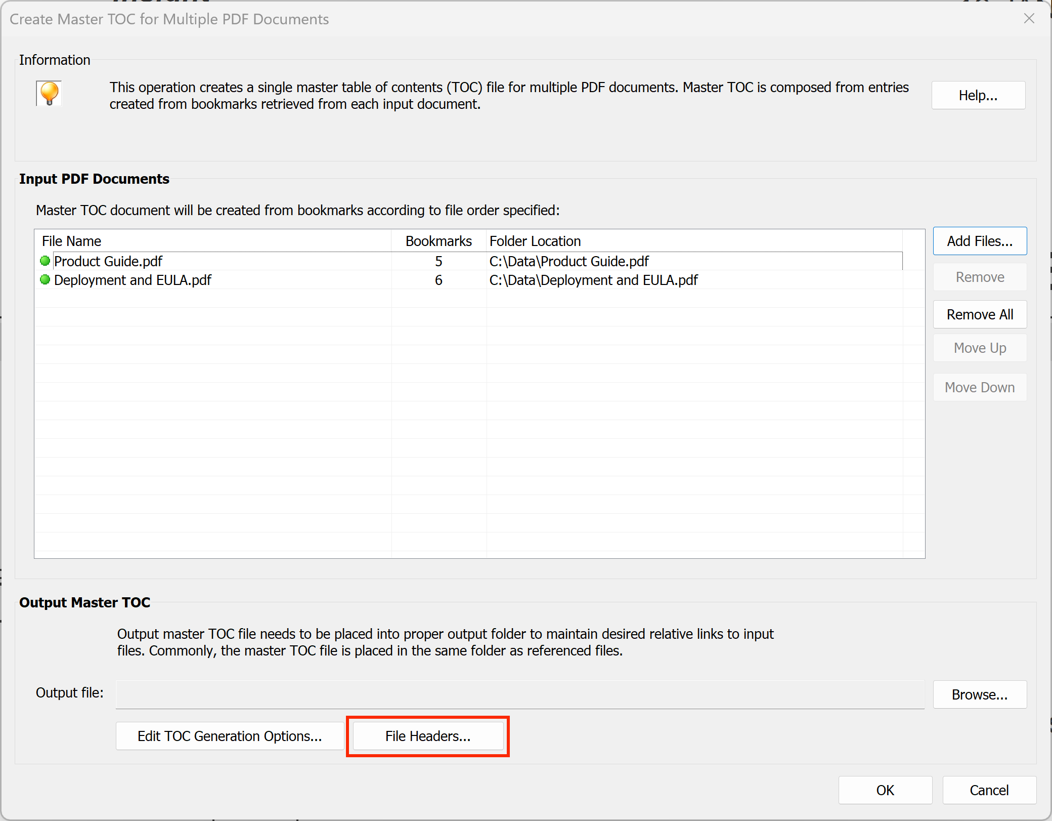 Open File Headers dialog