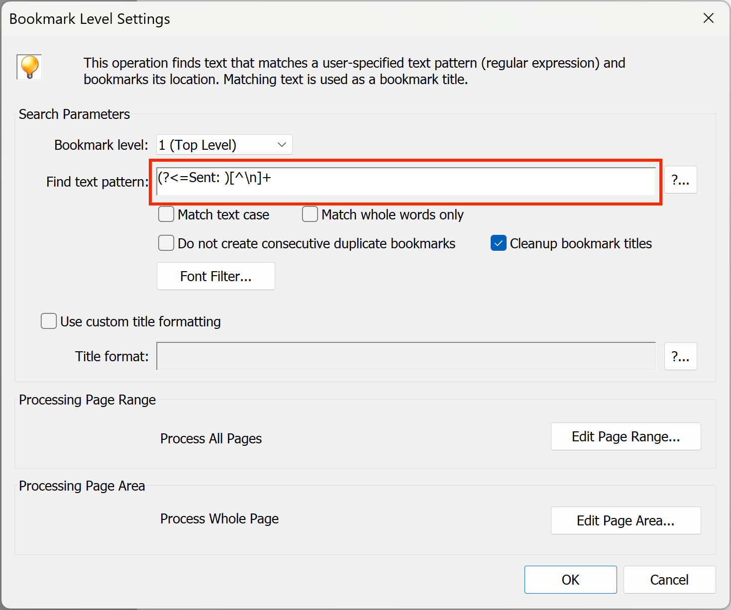 Open bookmark text patterns dialog