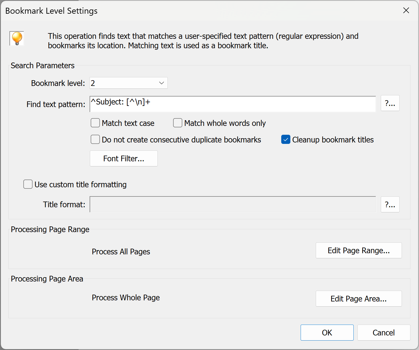 Open bookmark text patterns dialog