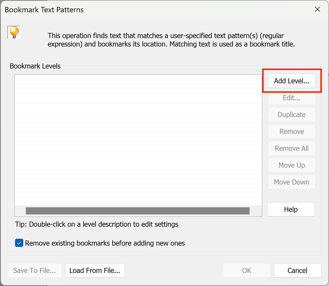 Open bookmark text patterns dialog