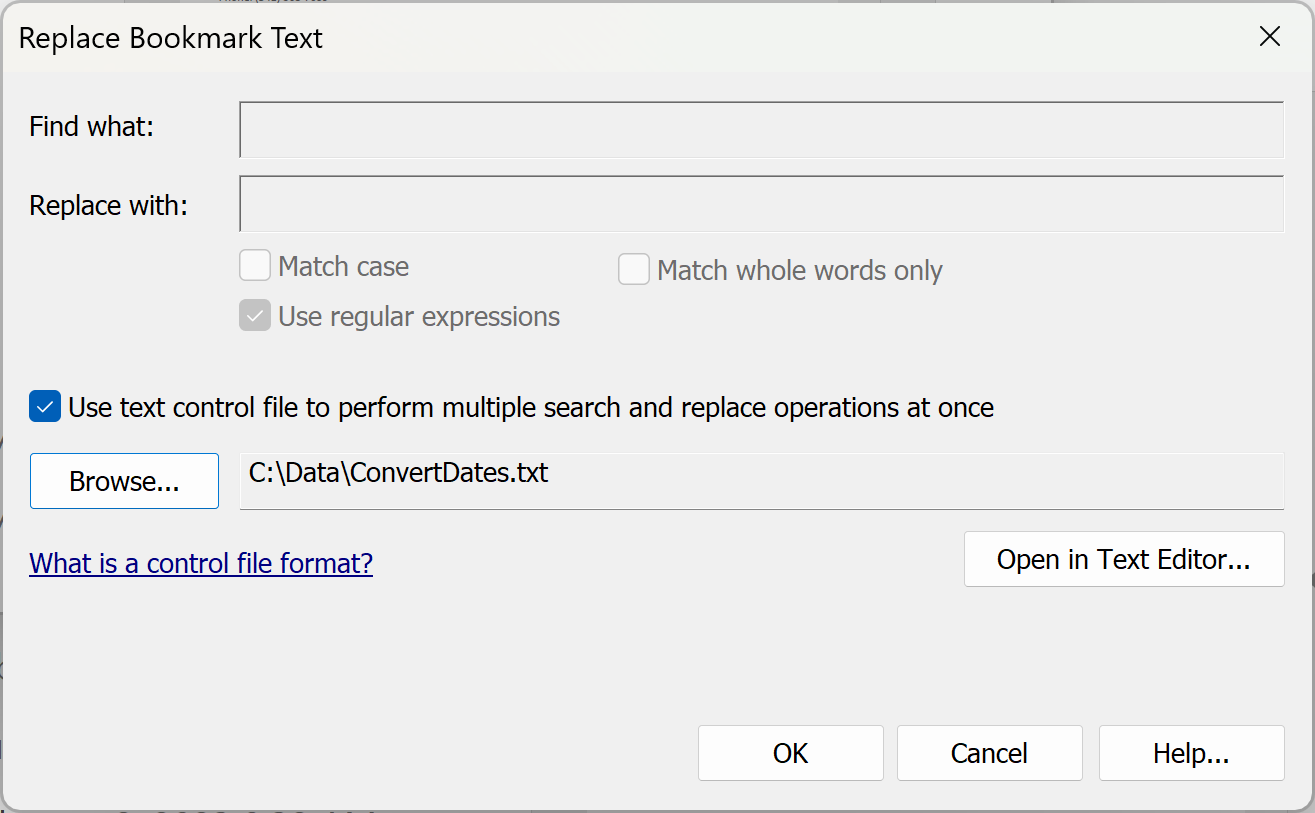 Open replace bookmark text dialog