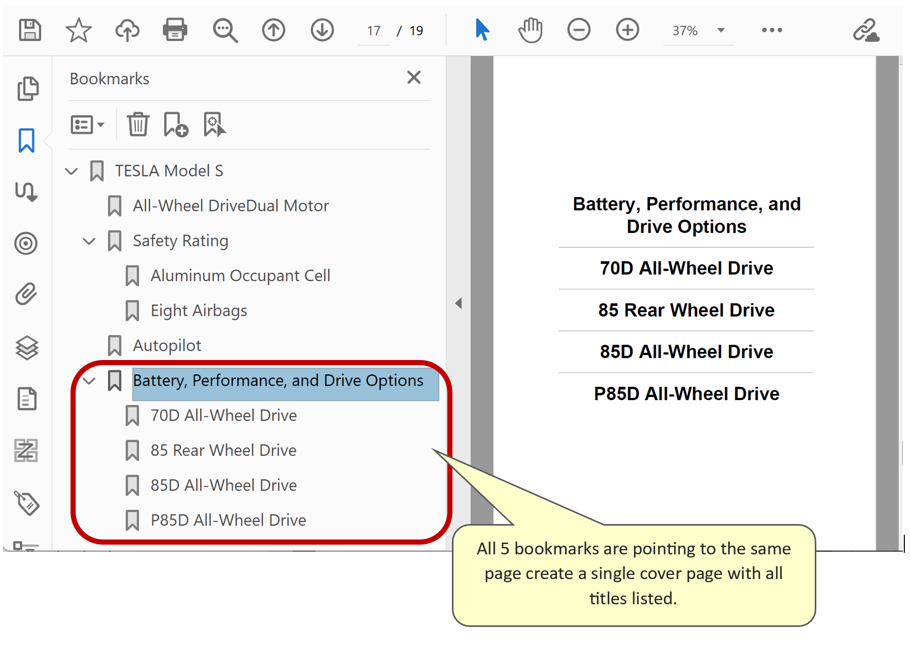 Cover page for multiple bookmarks pointing to the same page