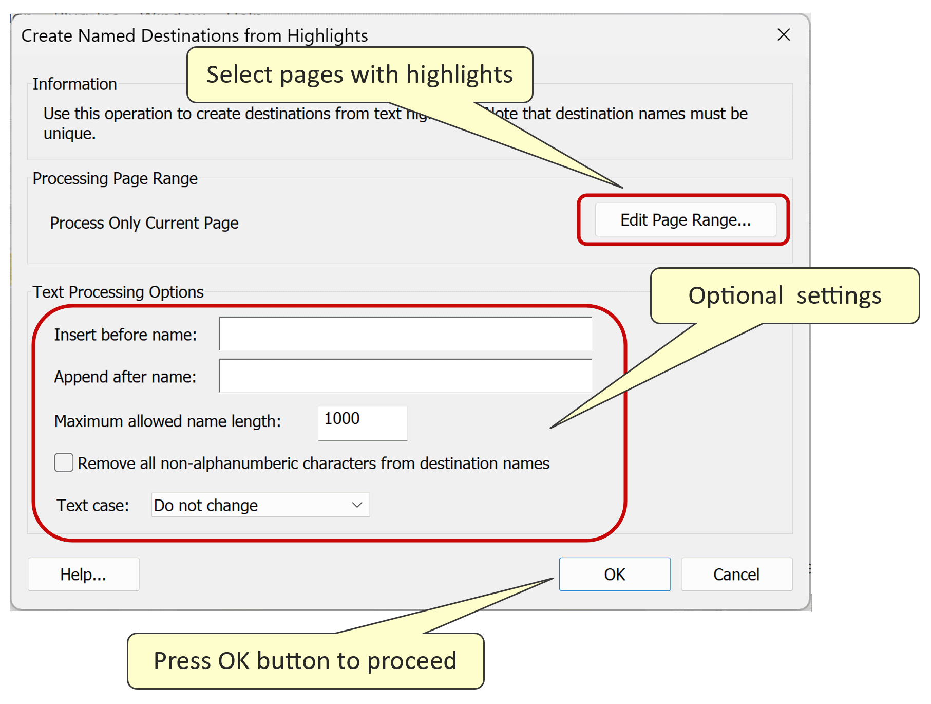 Specify processing settings