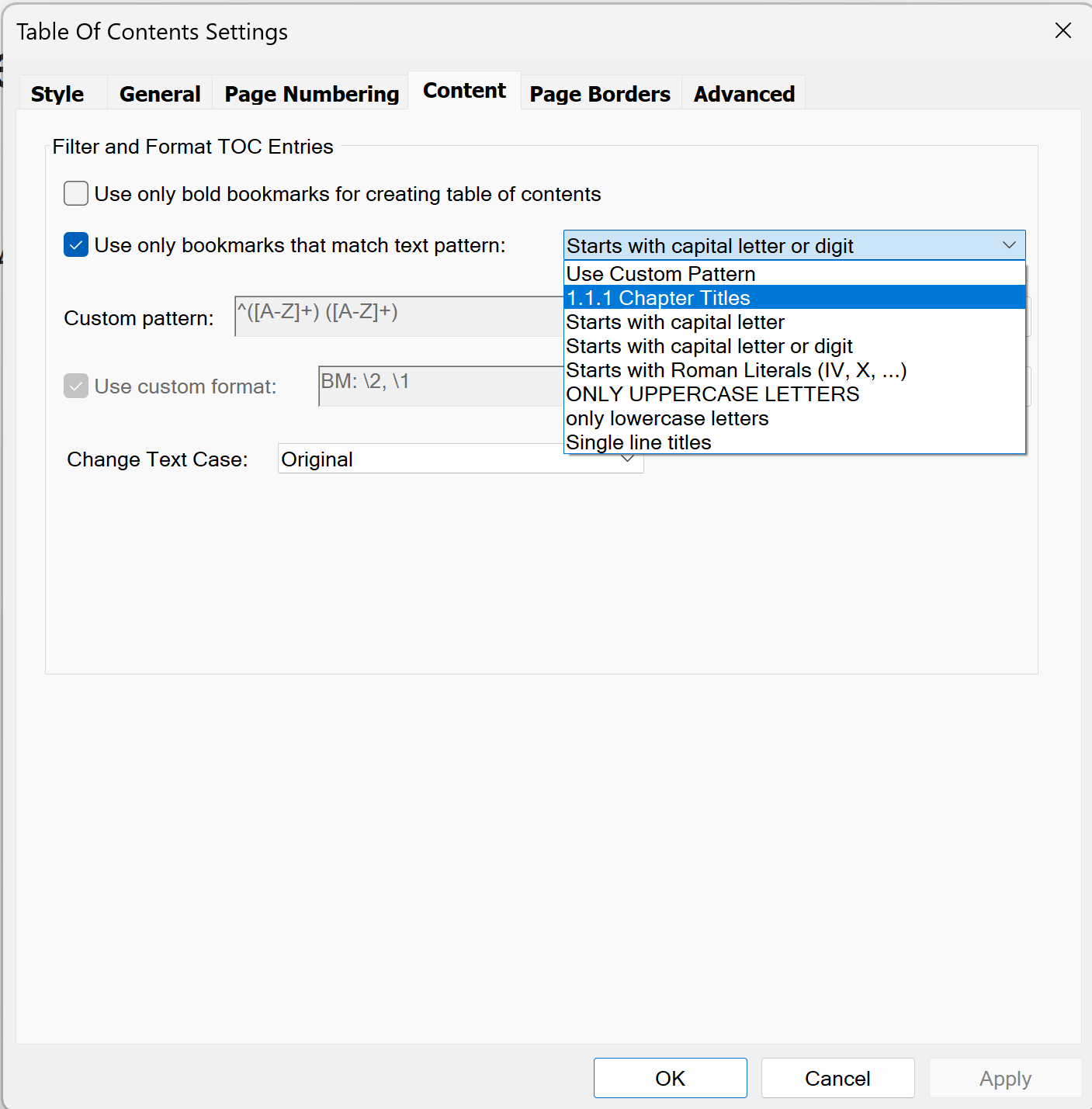 Content tab in table of contents settings dialog
