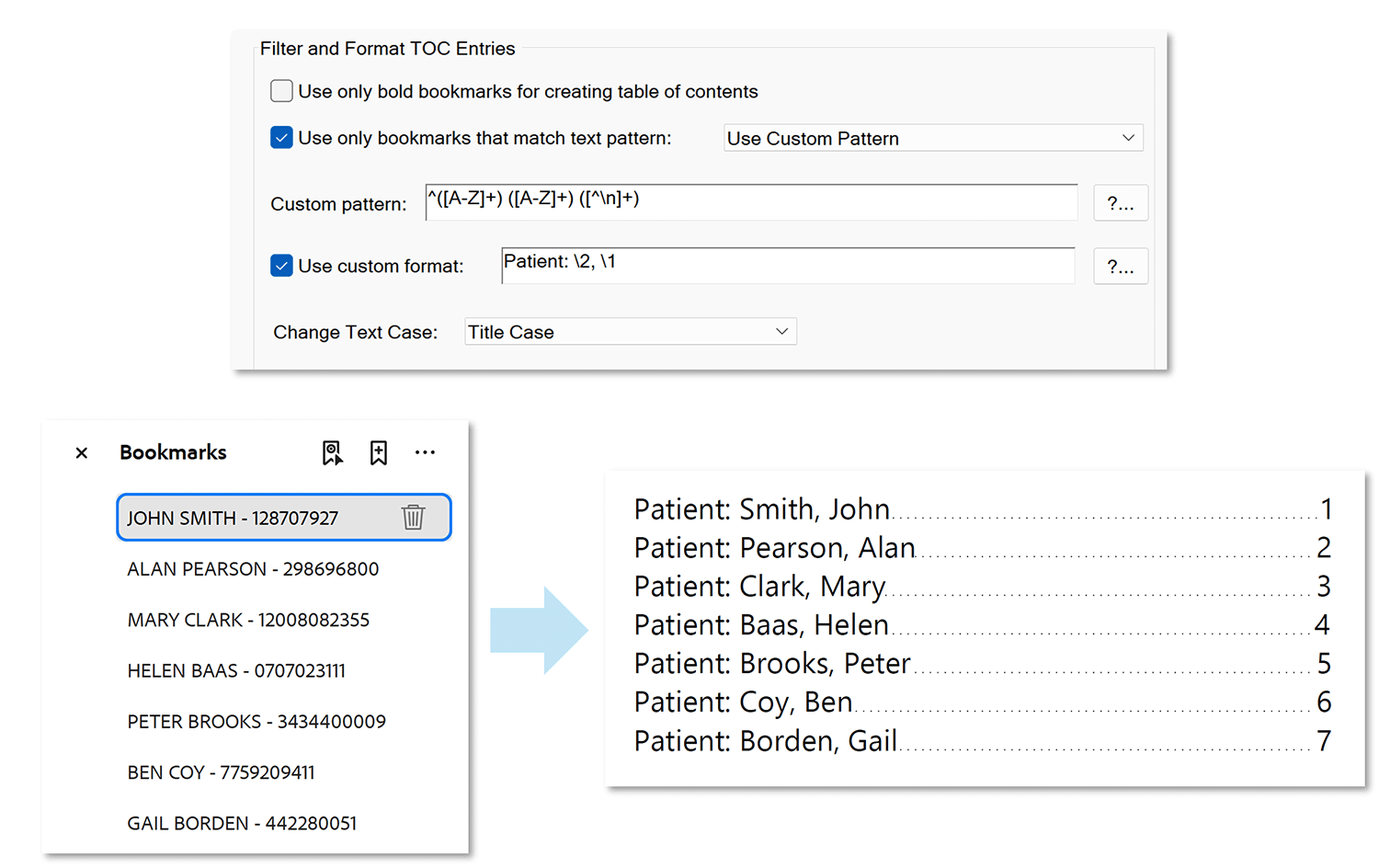 TOC example created
by switching words around, inserting custom text and removing unwanted number from the bookmark title.