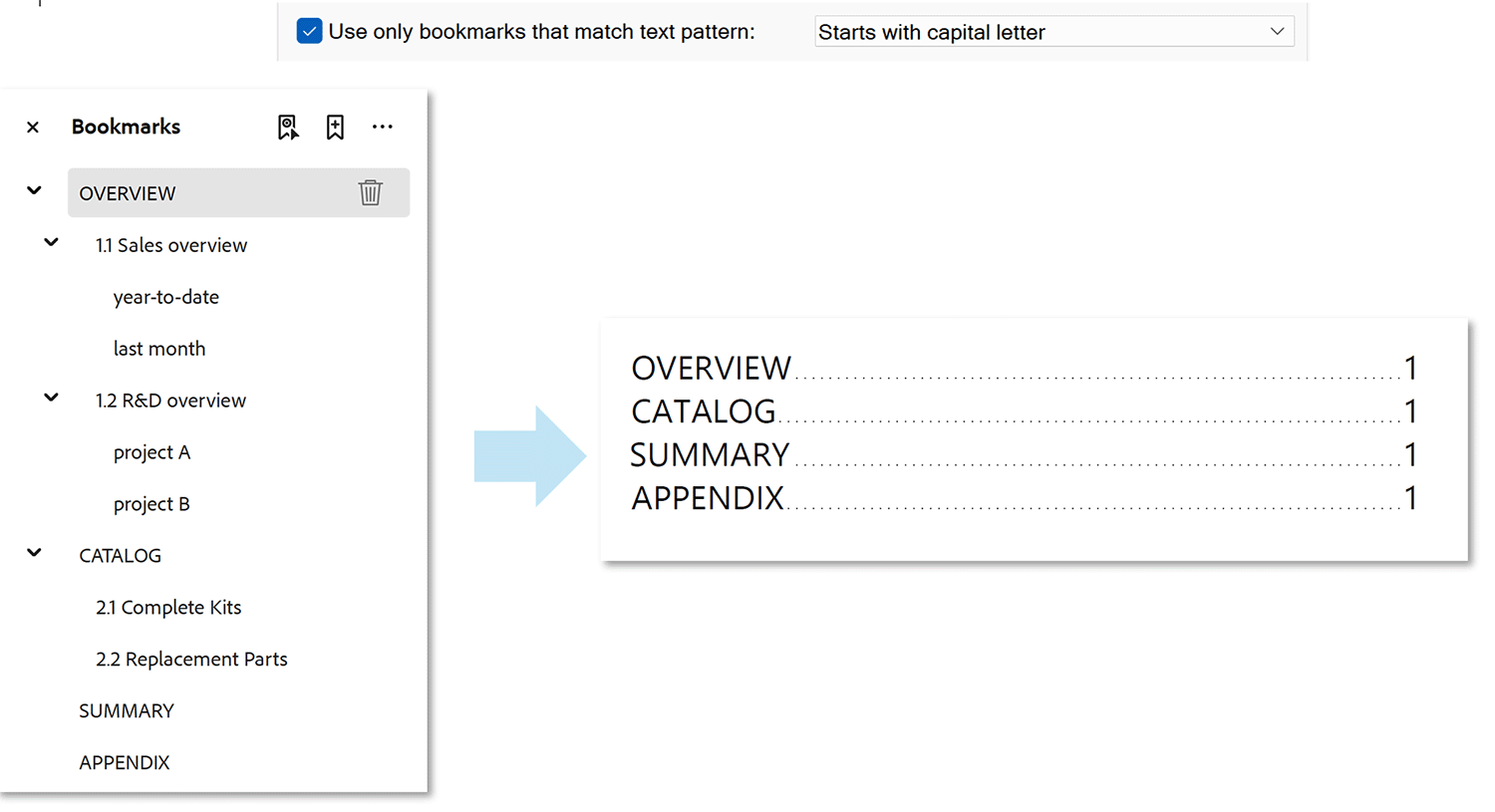TOC example created
from only bookmarks that starts with capital letter.