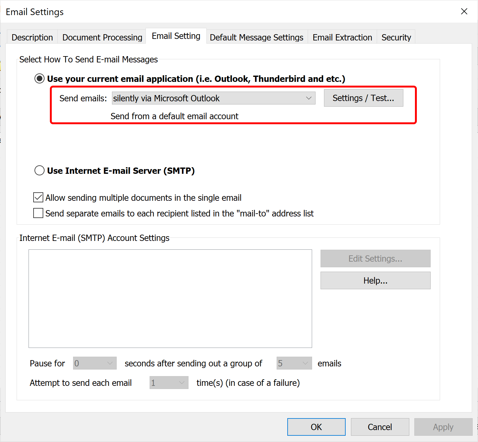 Select emailing option to send via Outlook