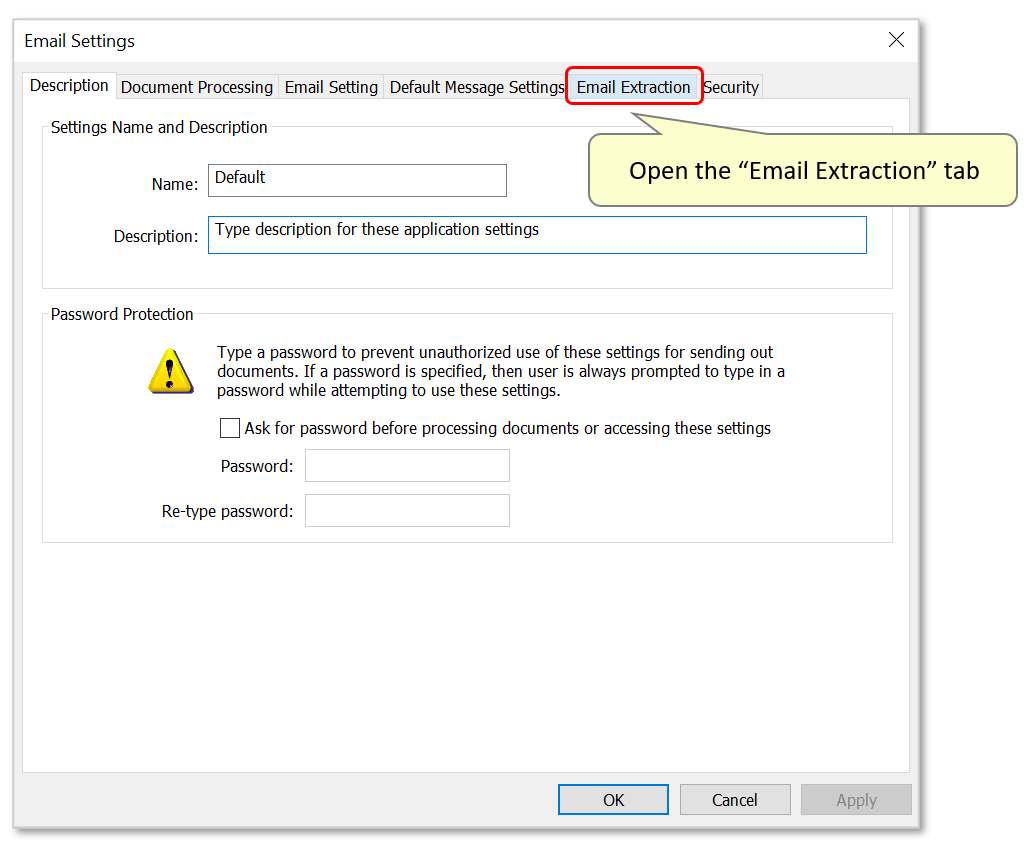 Open email extraction settings