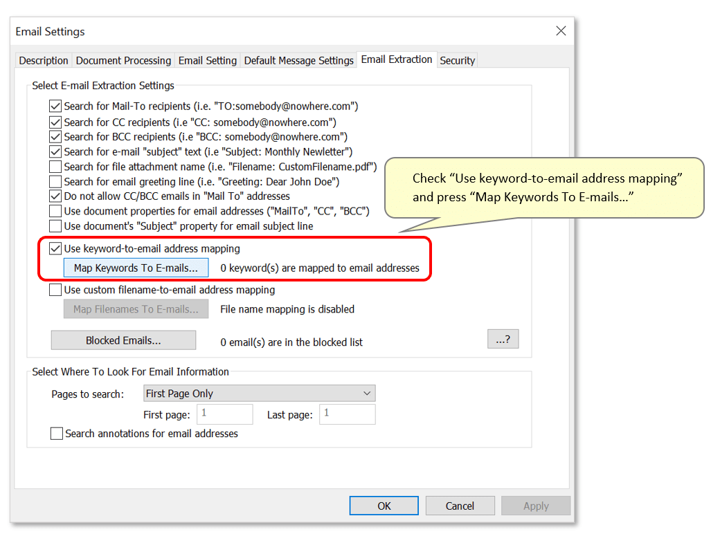 Select keyword-to-email option
