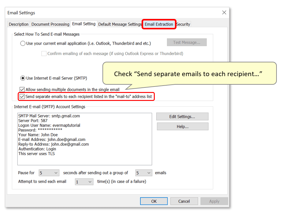 Email extraction settings page