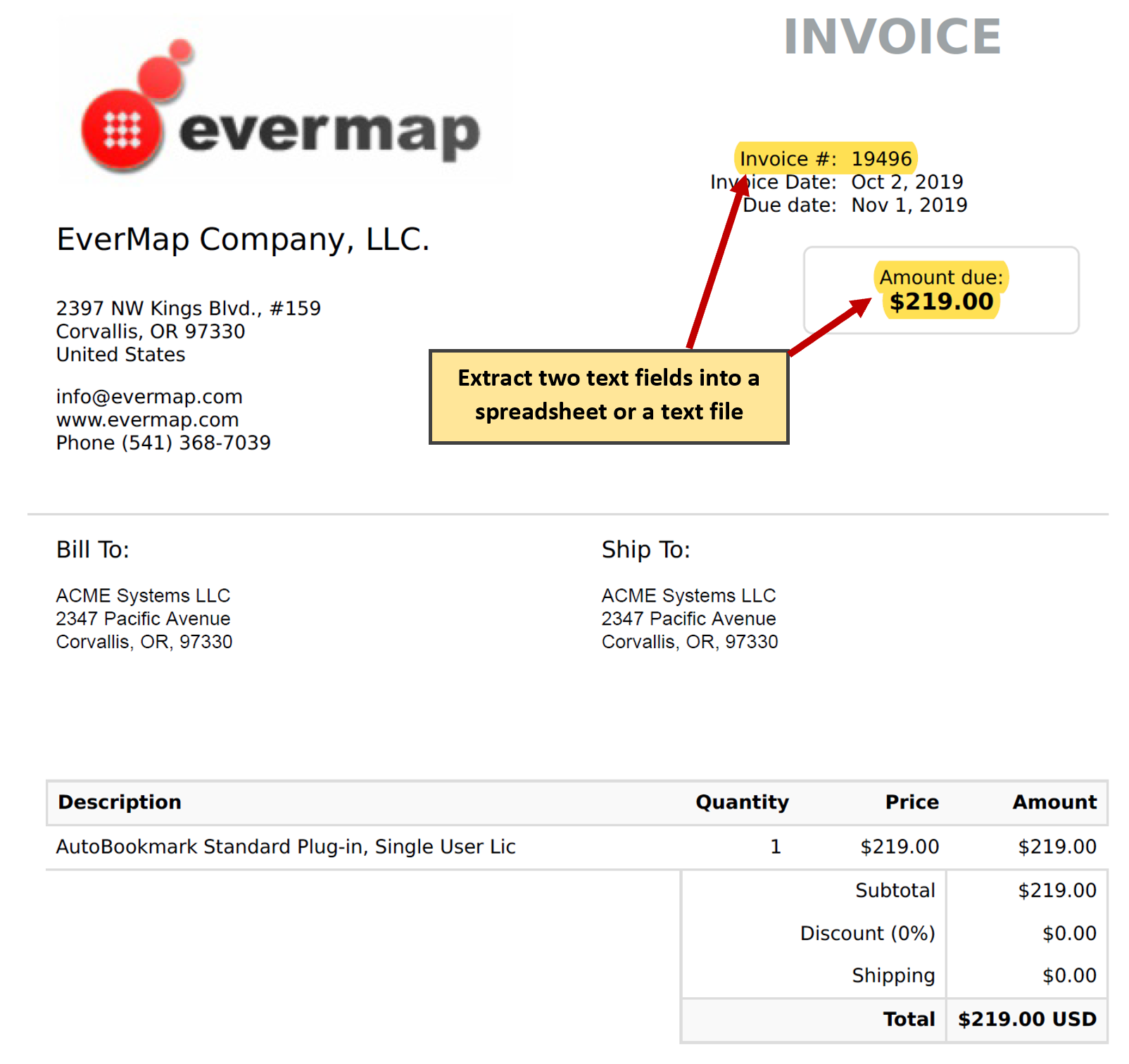 Sample invoice page with extraction text highlighted