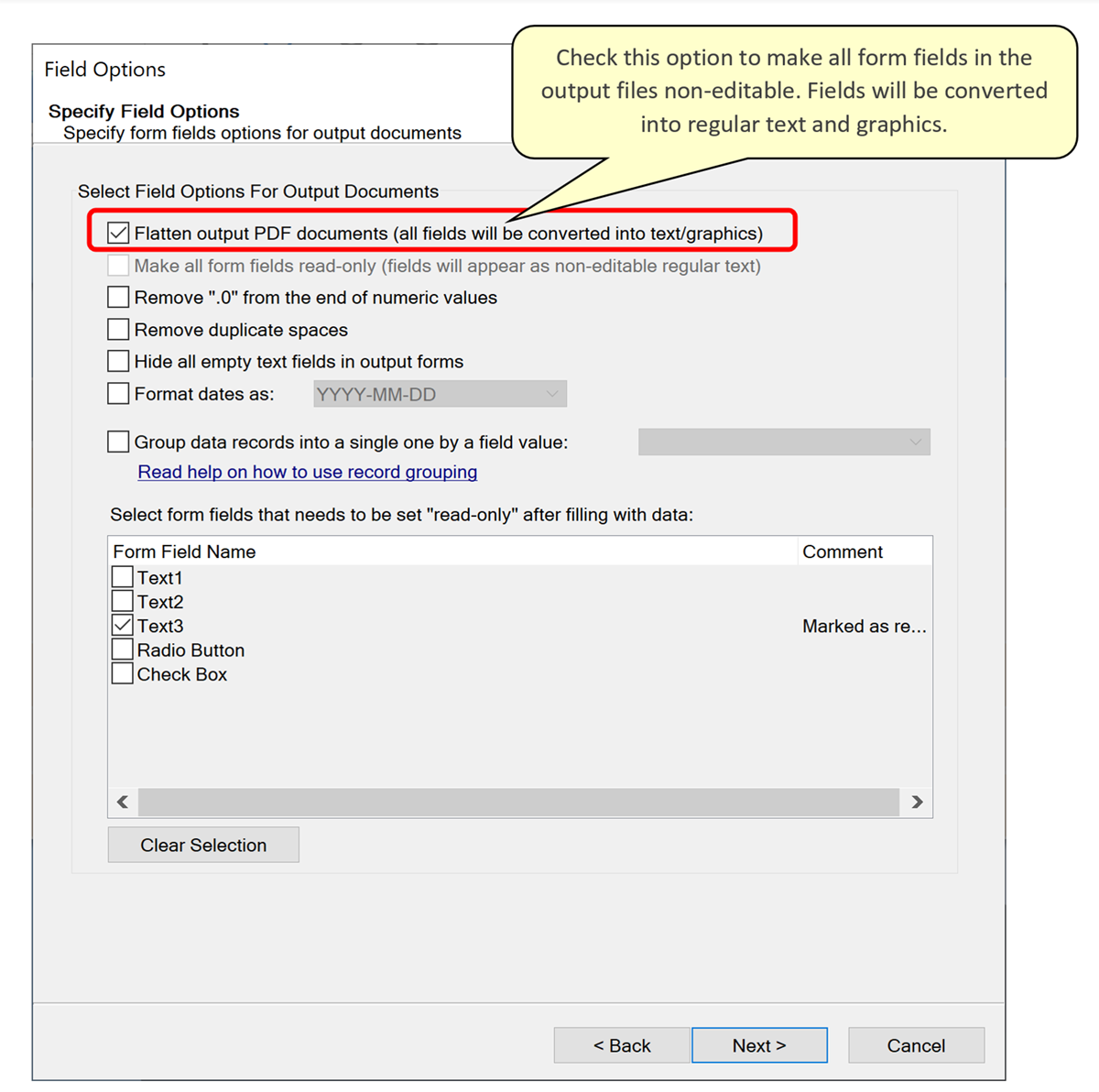 Flattening output PDF forms from mail merge processing while using AutoMailMerge plug-in for Adobe Acrobat