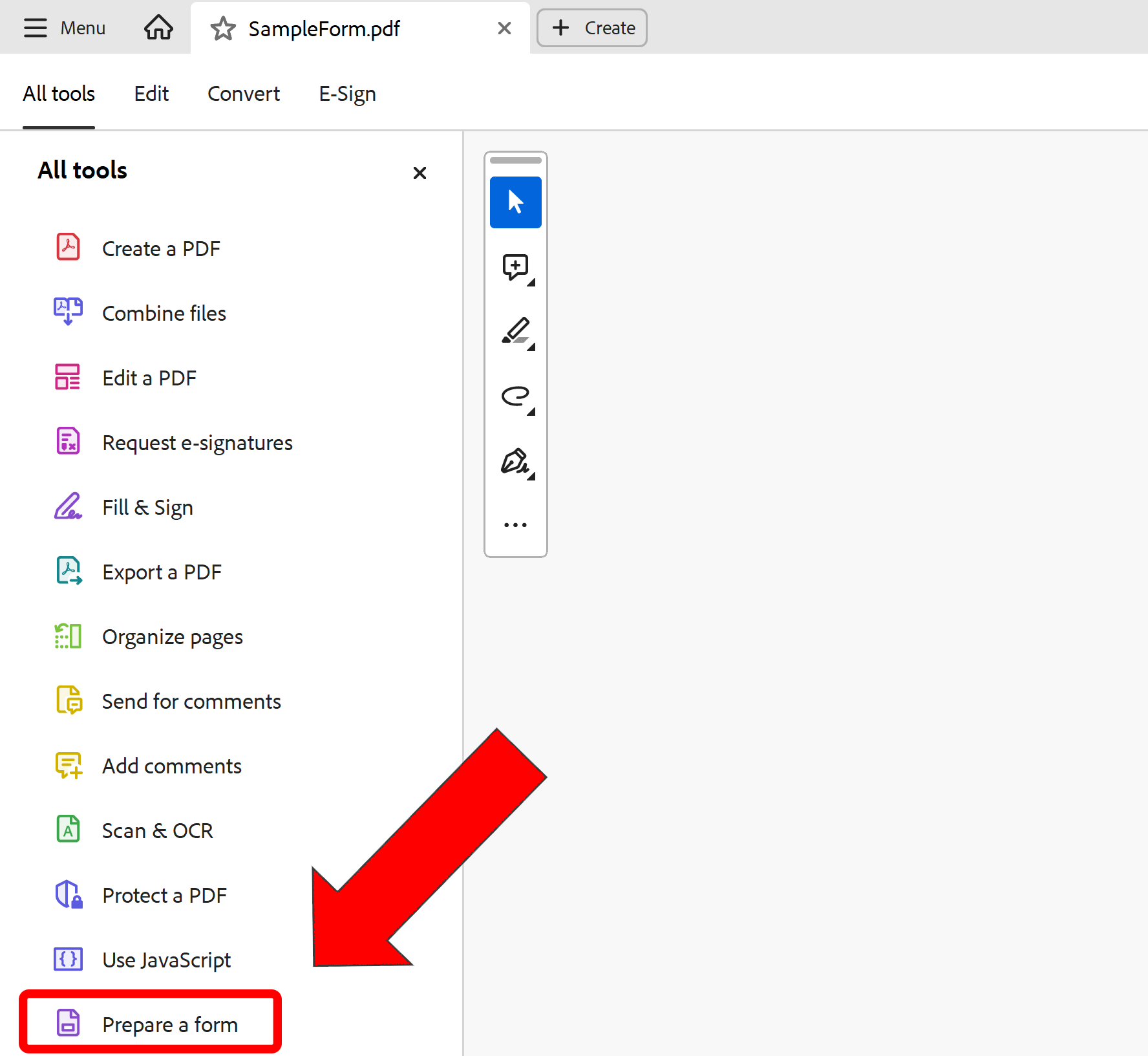 New interface Select Prepare Form tool