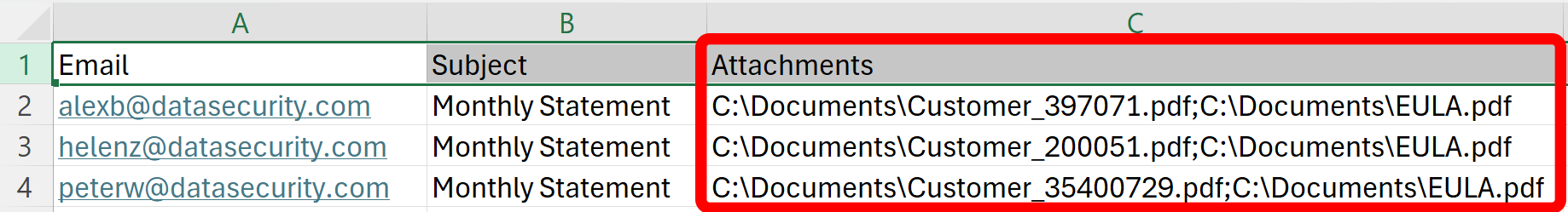 Create colum in data file or Excel spreadsheet for storing paths to extra attachments