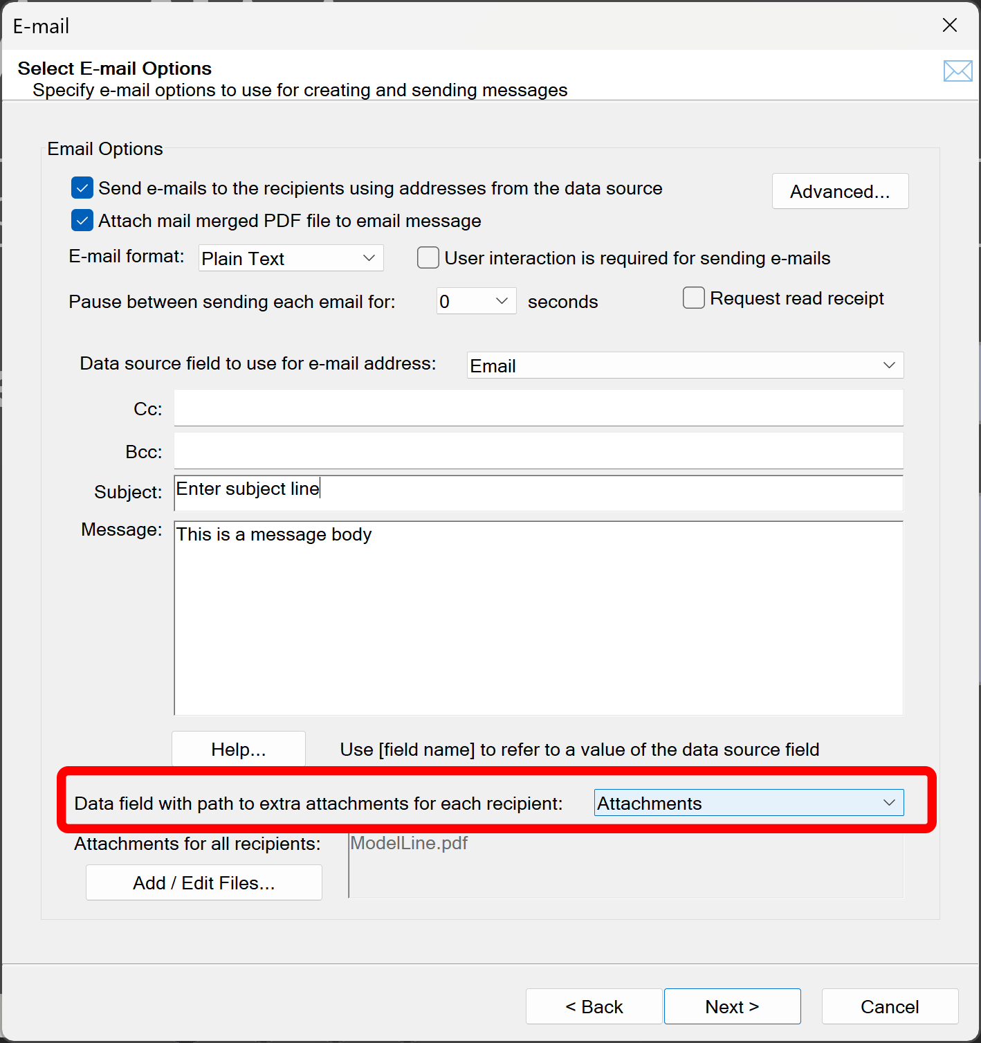 Select data field to use for recipient-specific file attachments
