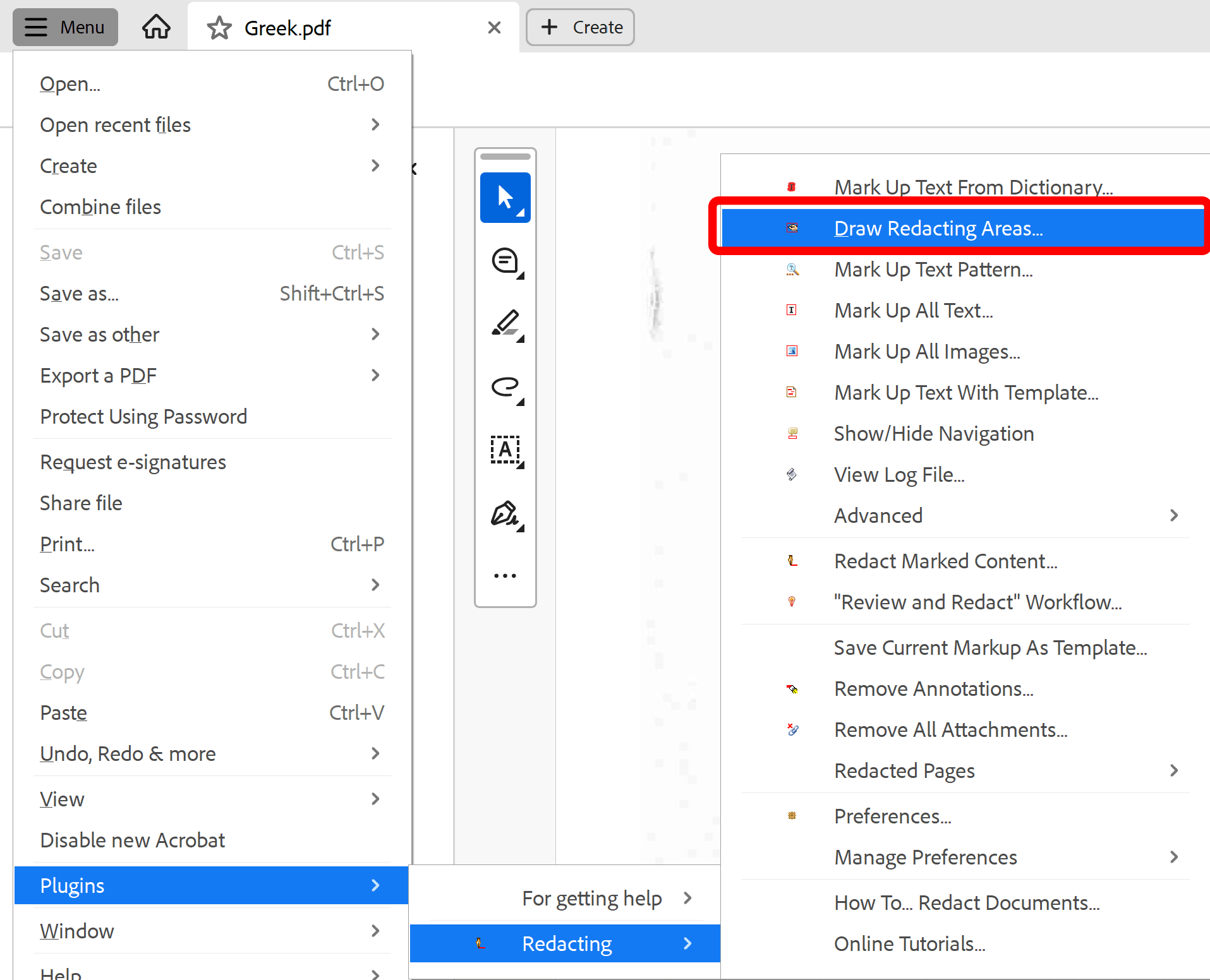 Select Menu Draw Redacting Areas