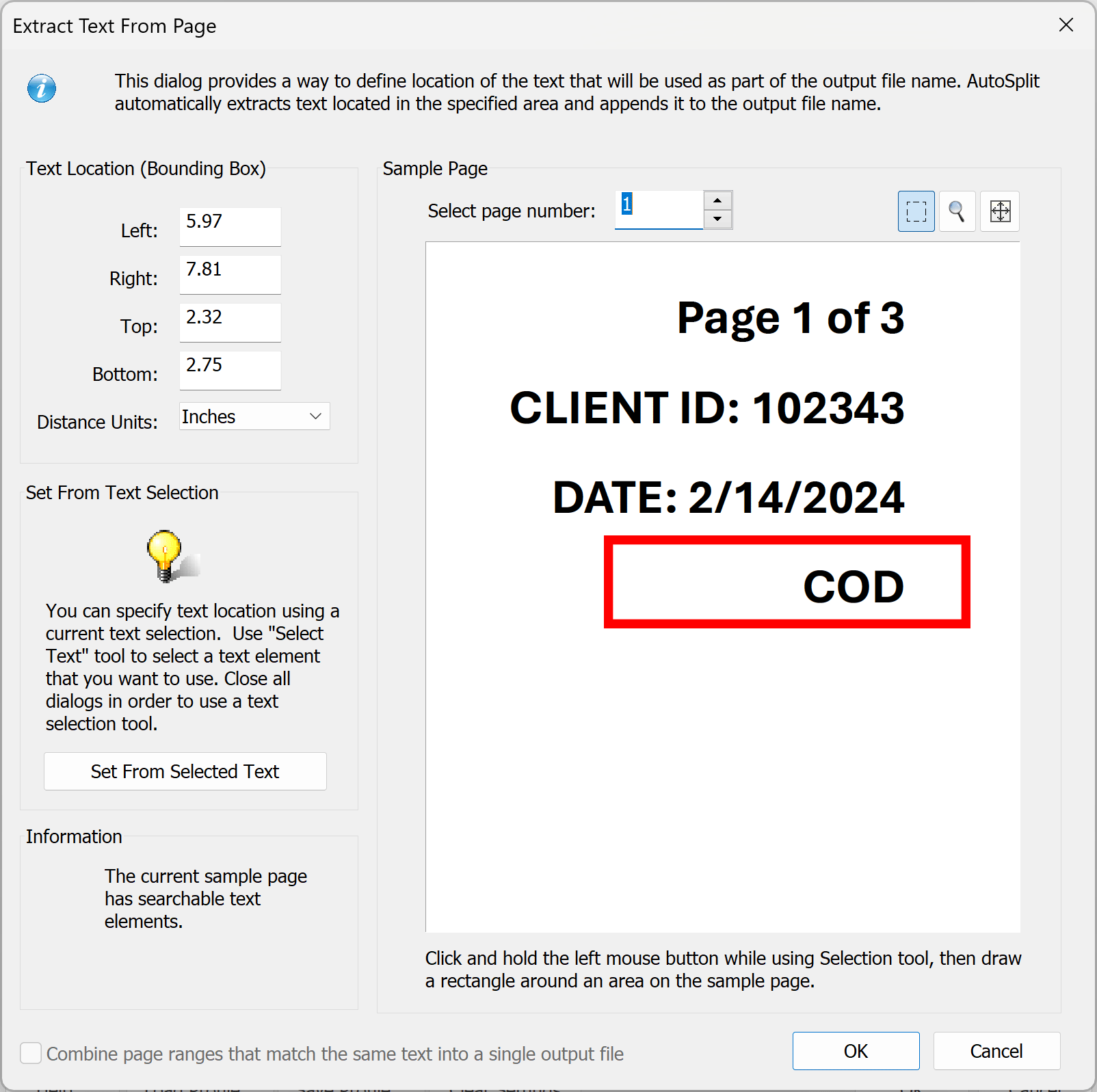Select area on the page where to extract text