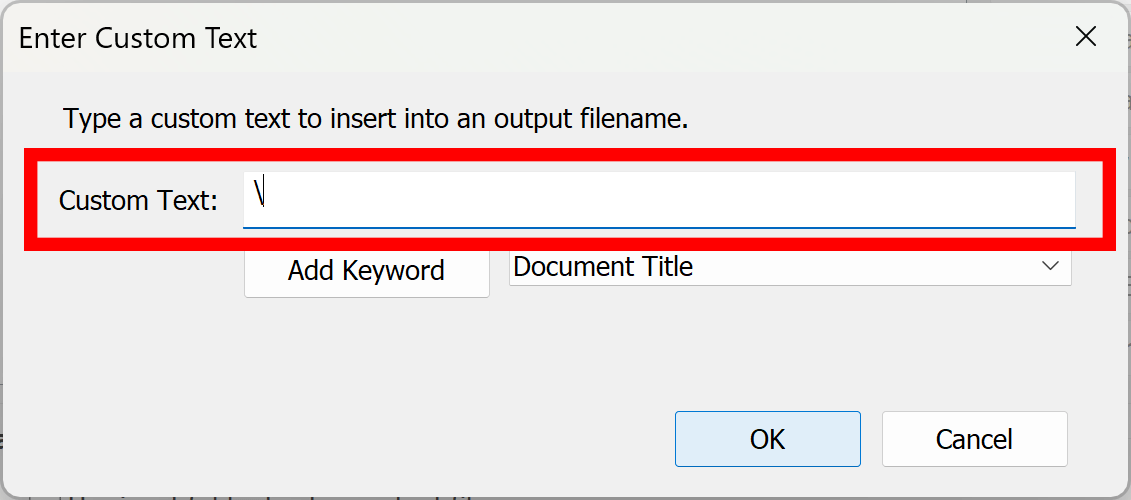 Type a backslash into Custom Text box