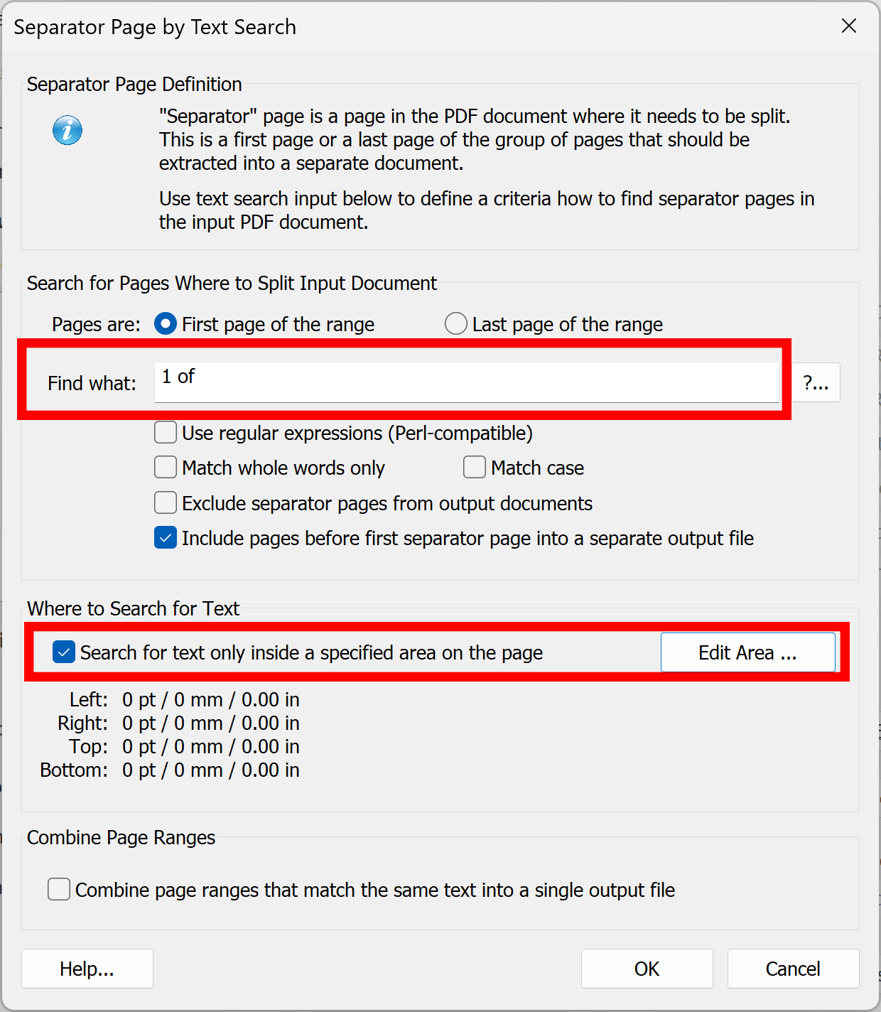 Enter search text into Find what box and select page area