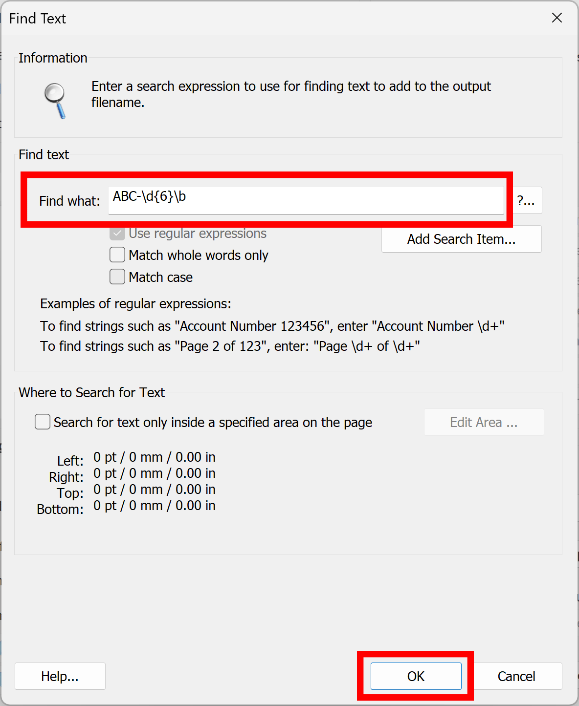 Enter a search pattern into Find What box