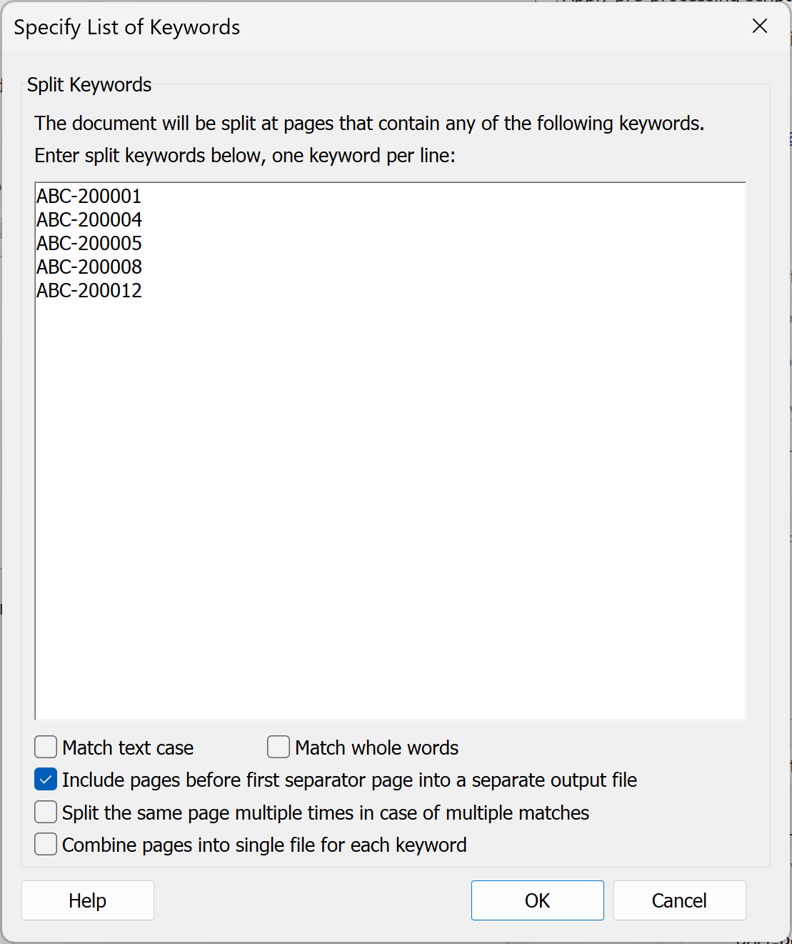 Enter keywords one on each line