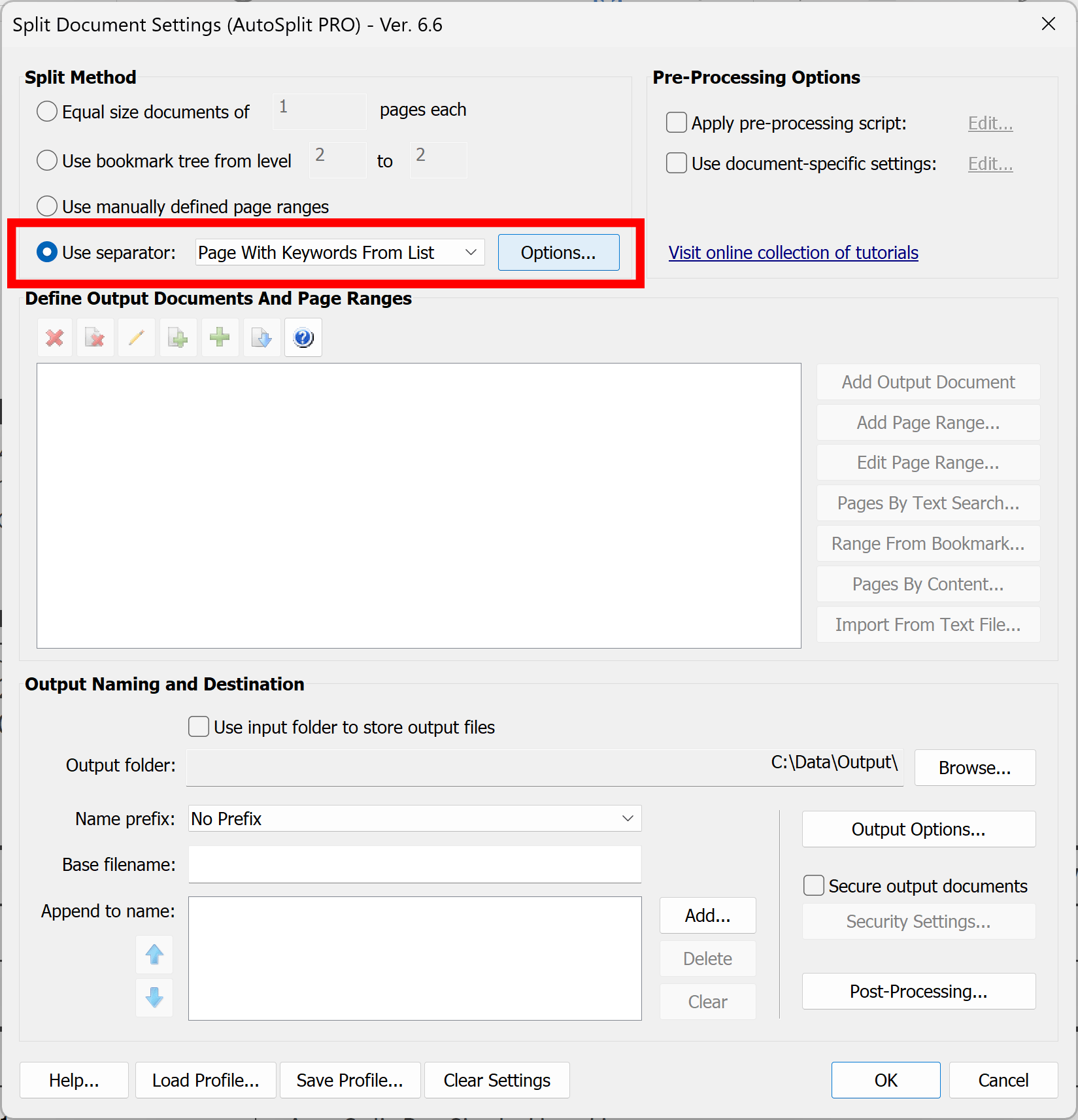Select Page with Keywords from List option from Use Separator menu