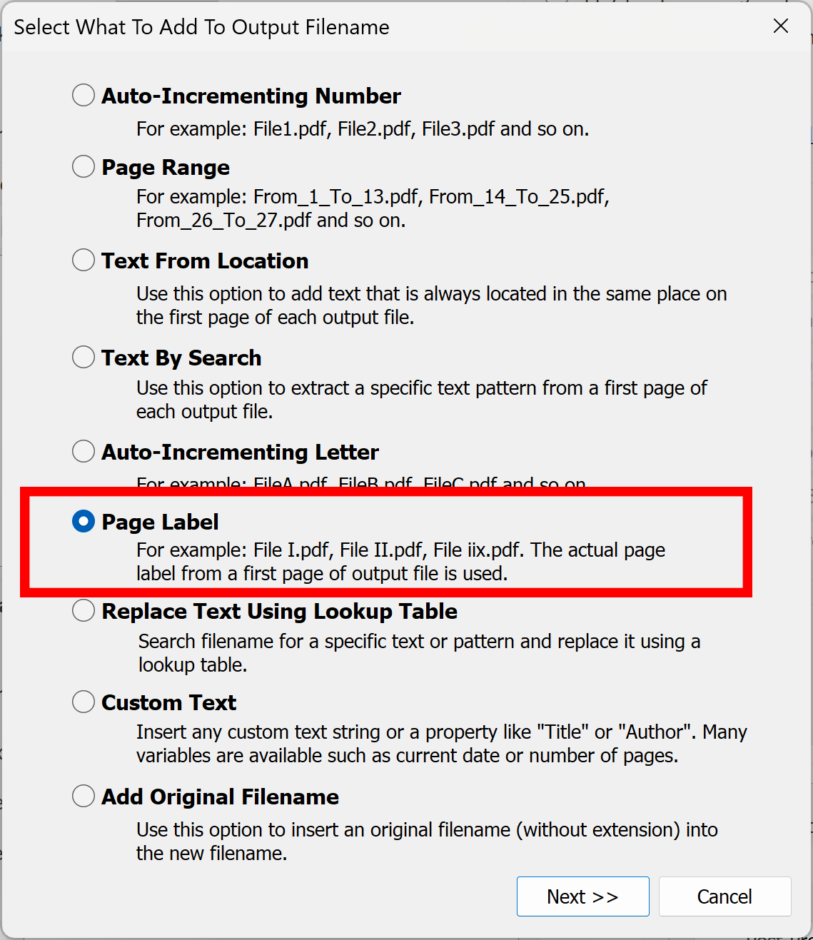 Select Page Label option