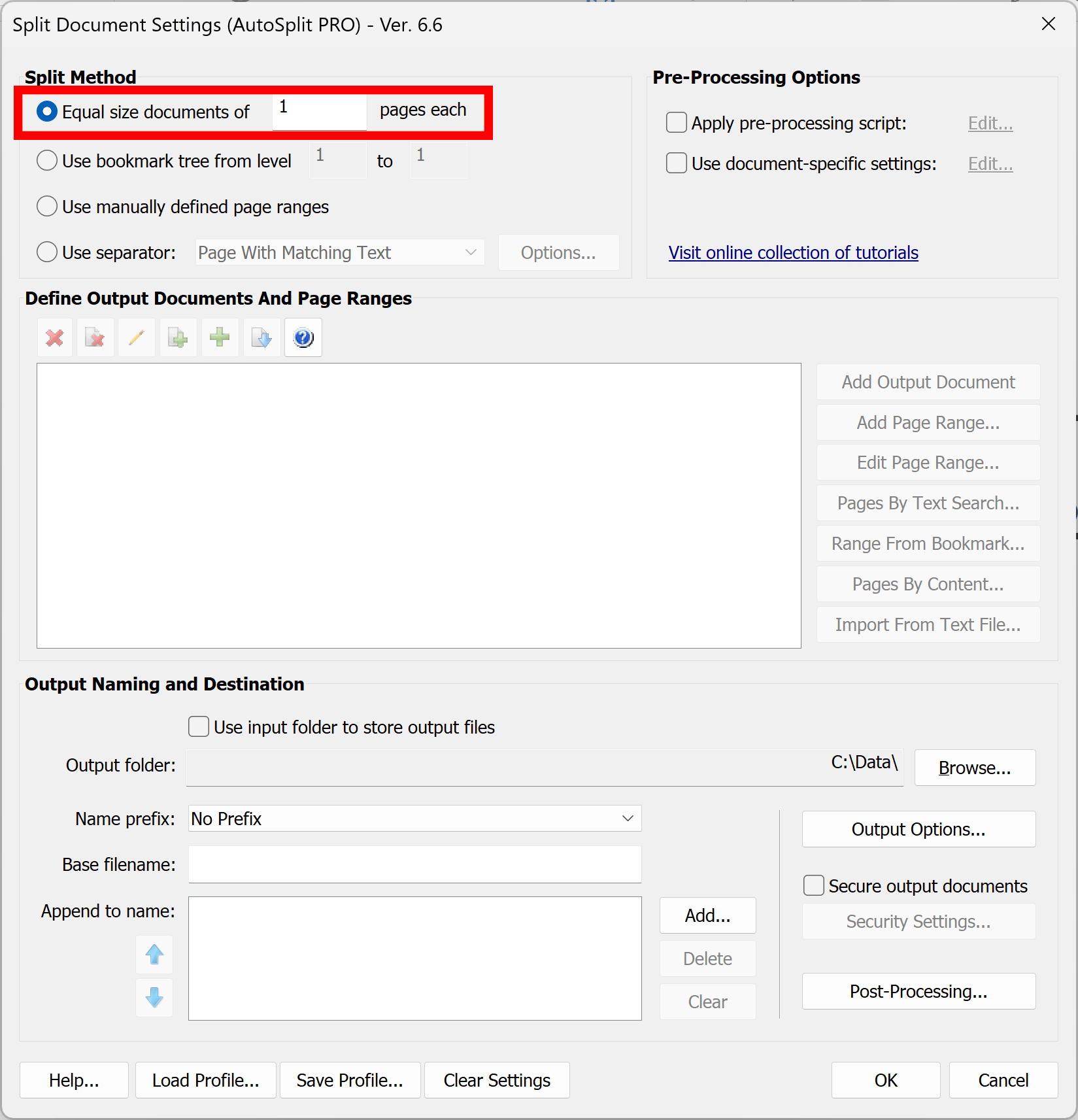 Select split method - Equal size documents