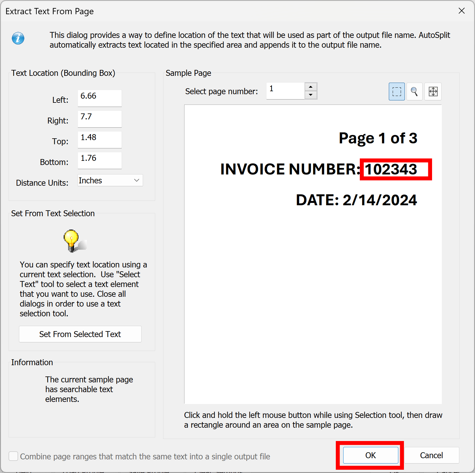 Define Page Area for Extracting Text for the File Name