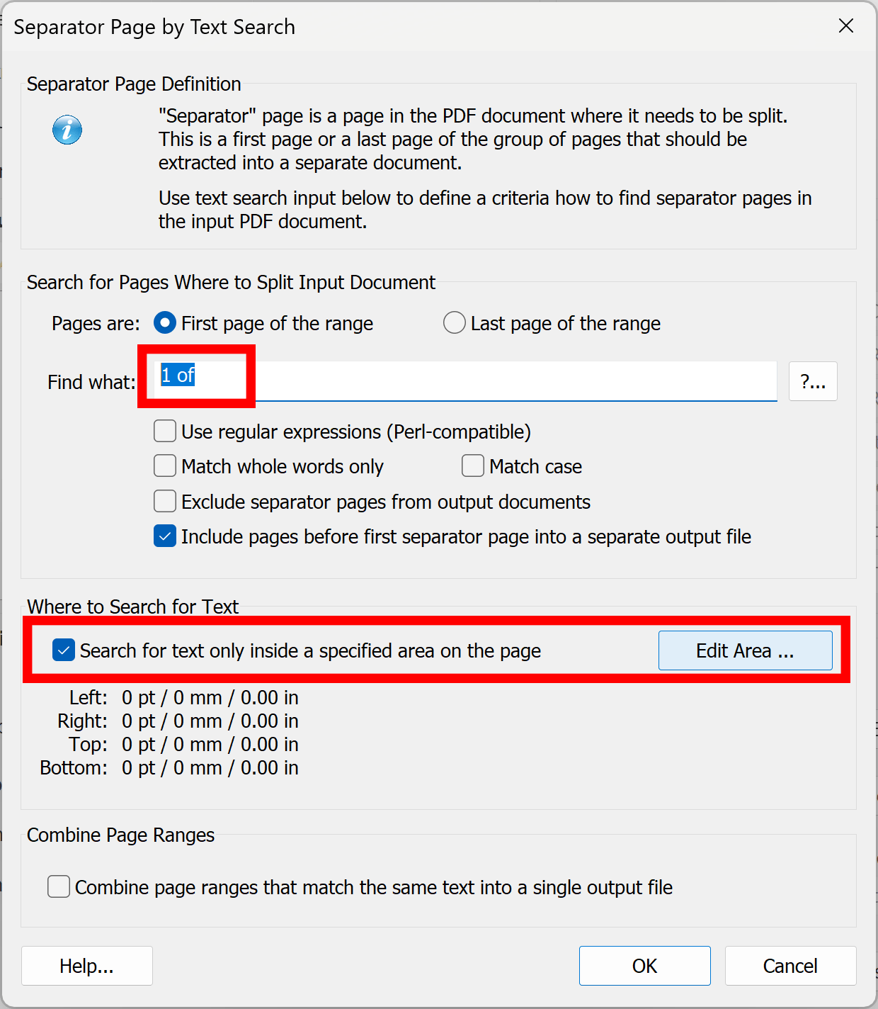 Configire splitting parameters