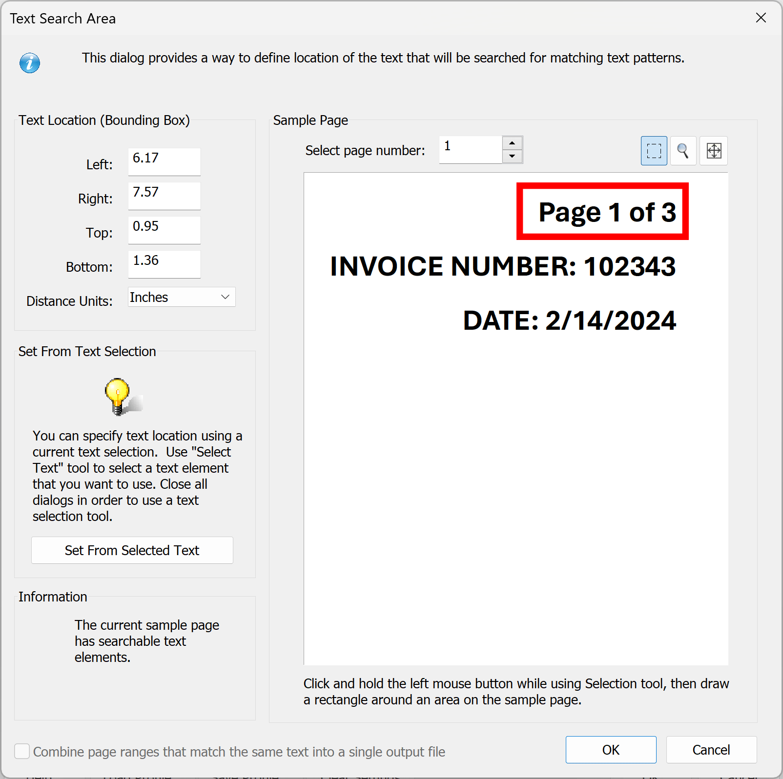 Select area on page where text is located