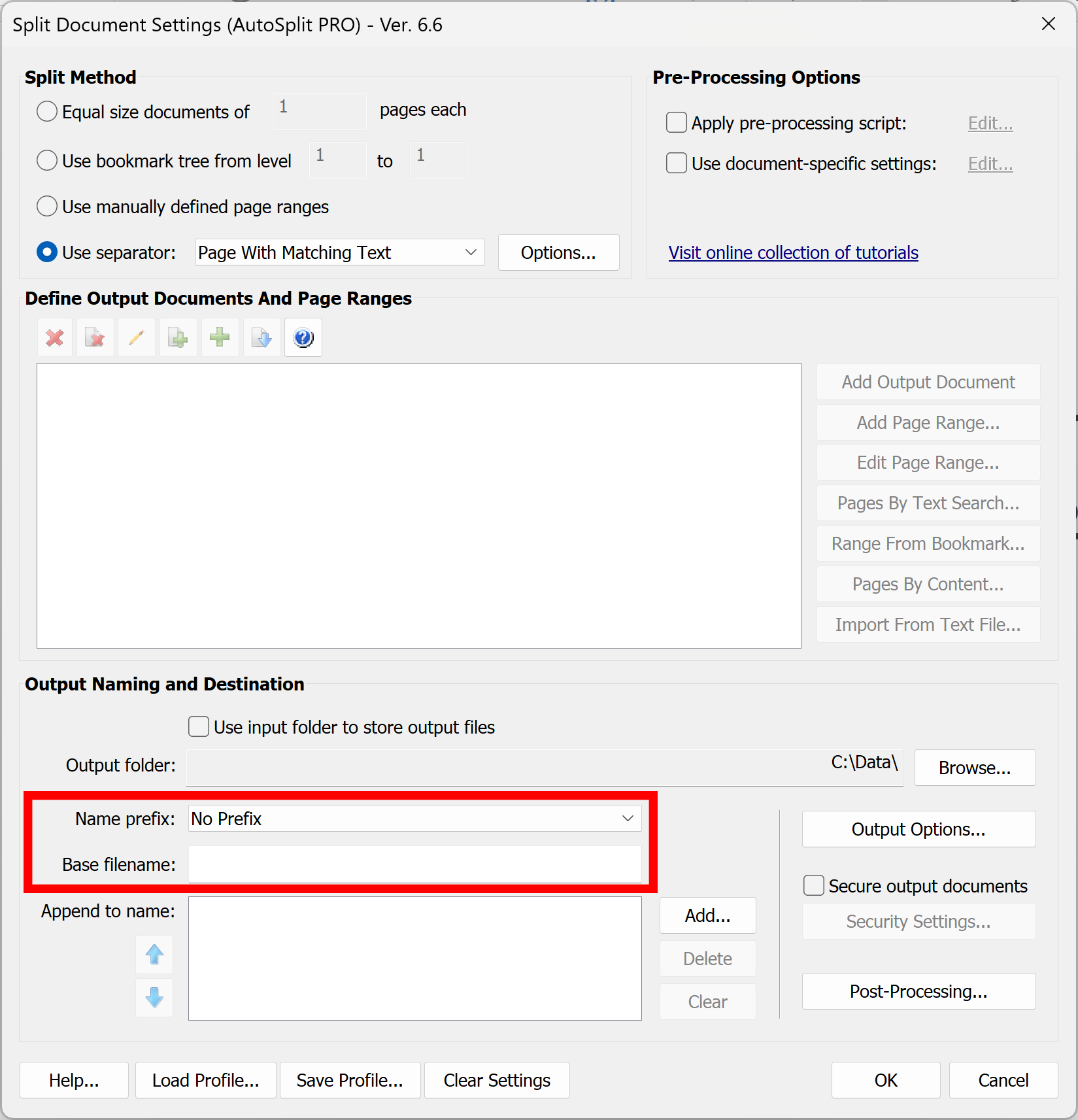 Specify output file naming options