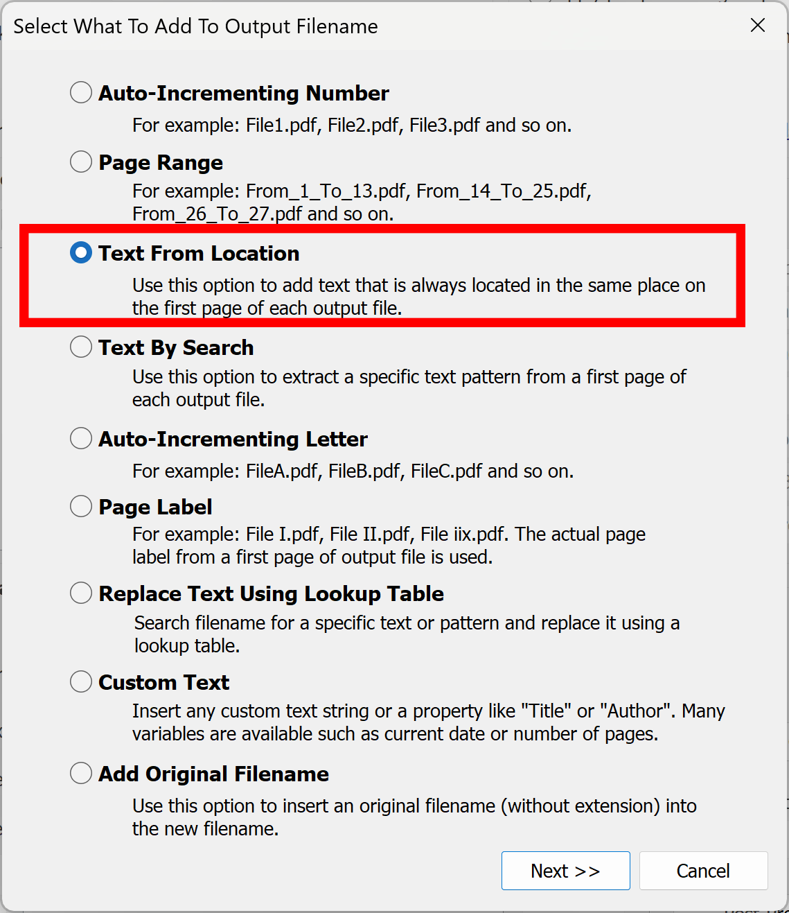 Select text from location option