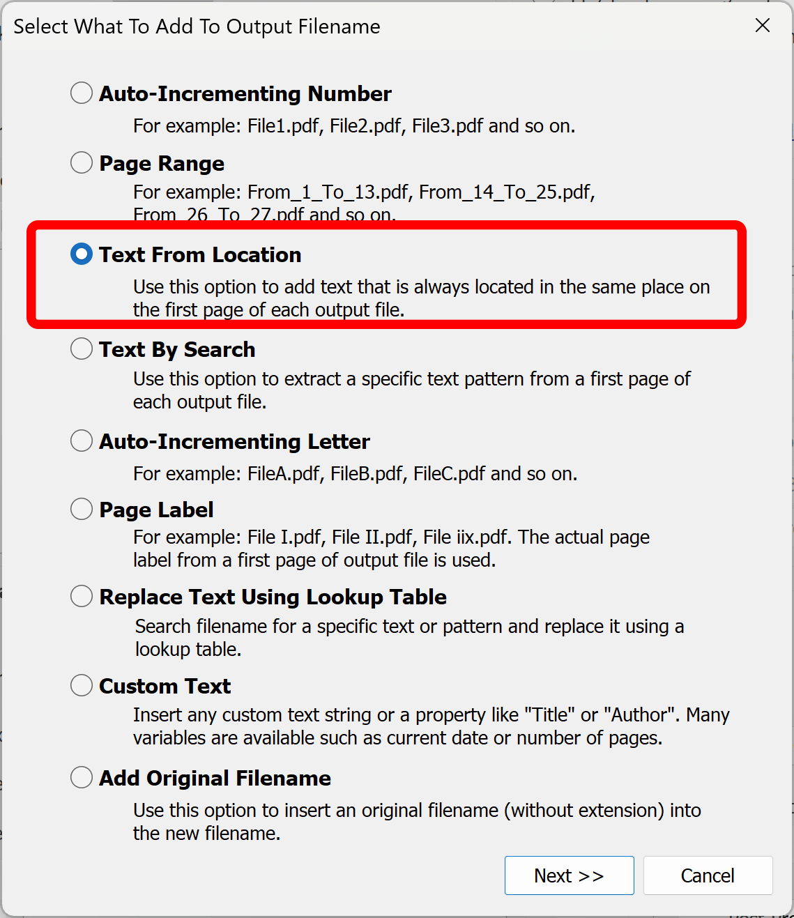 Select the Text From Location option