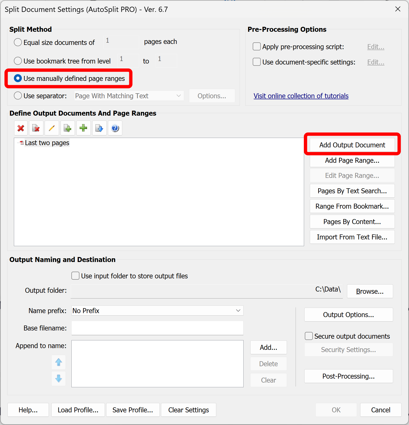 Select split method and press Add Output Document