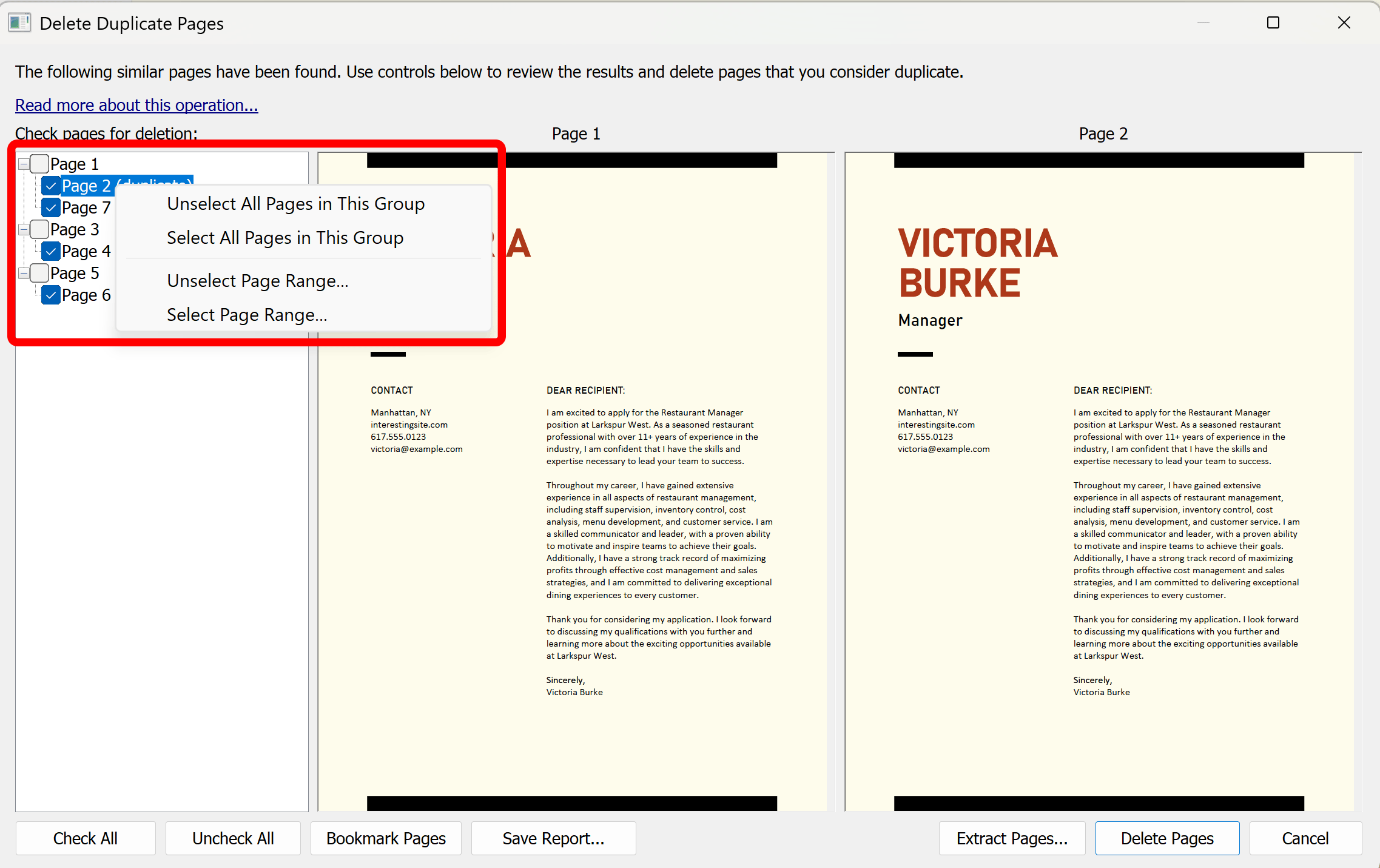 Check and uncheck pages for deletion