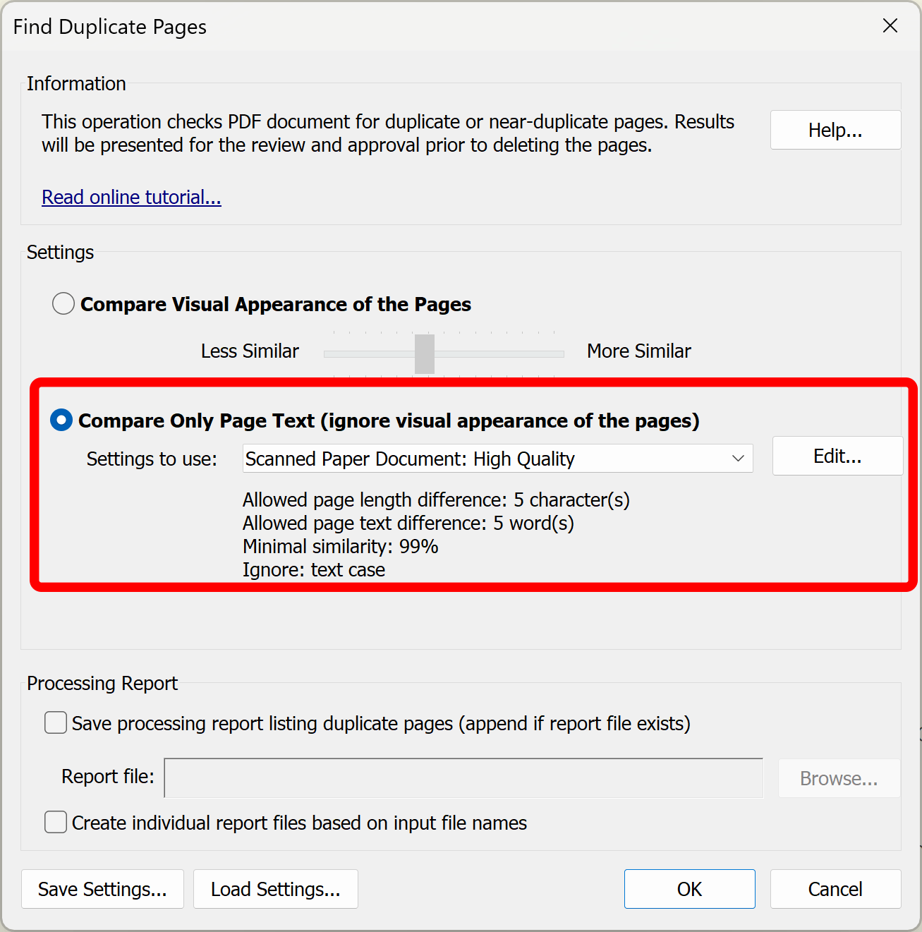 Select compare only page text option