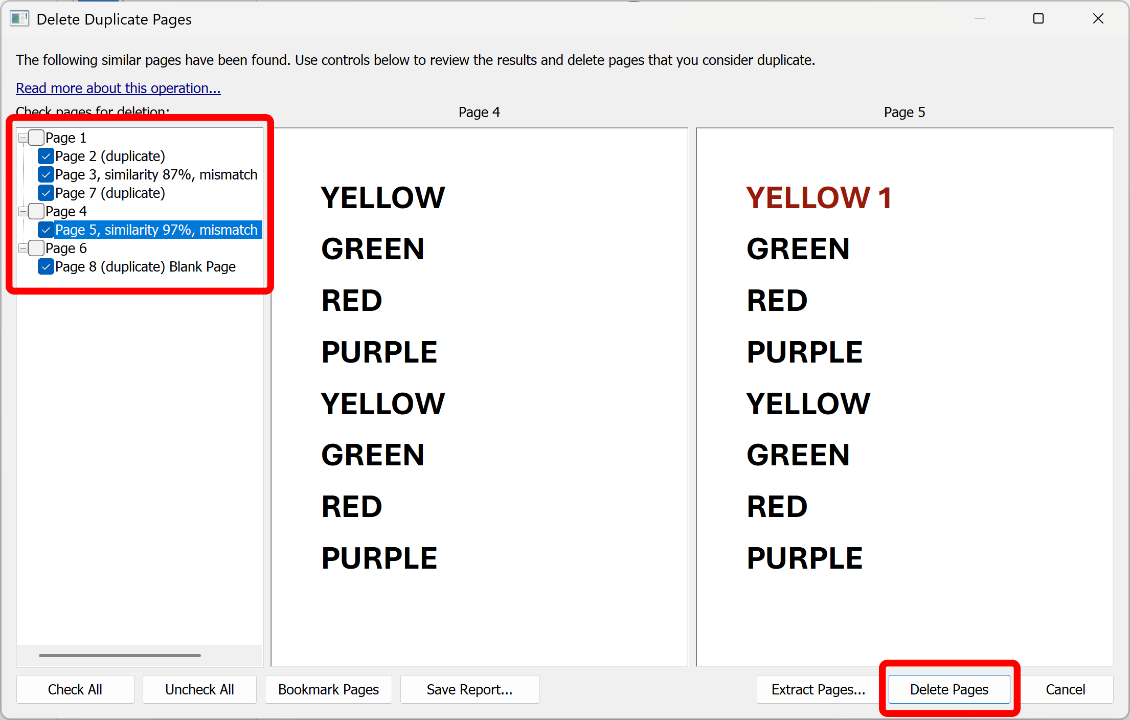 Click OK to delete duplicate pages