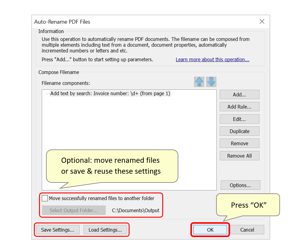 Save renaming settings into a file