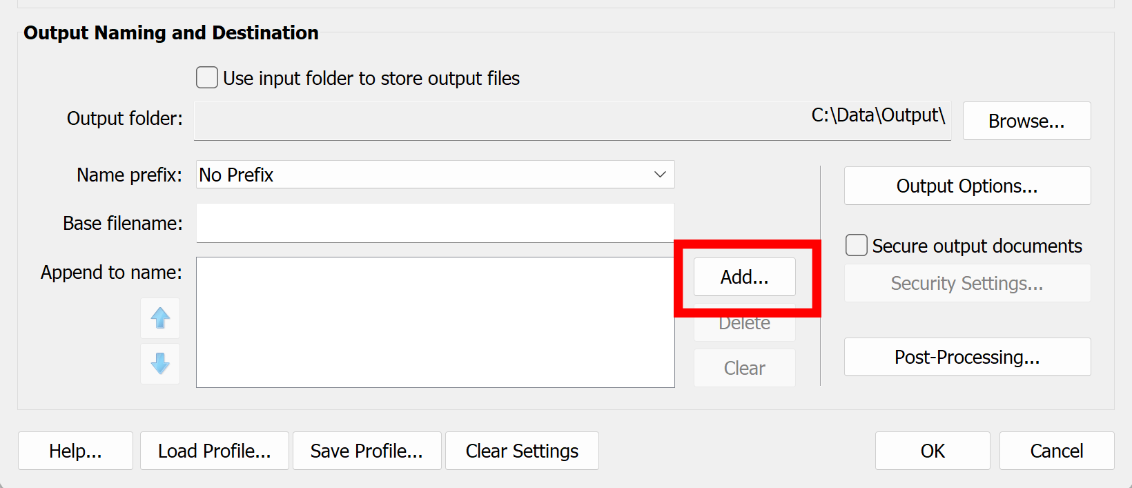 Press Add button to configure output file naming