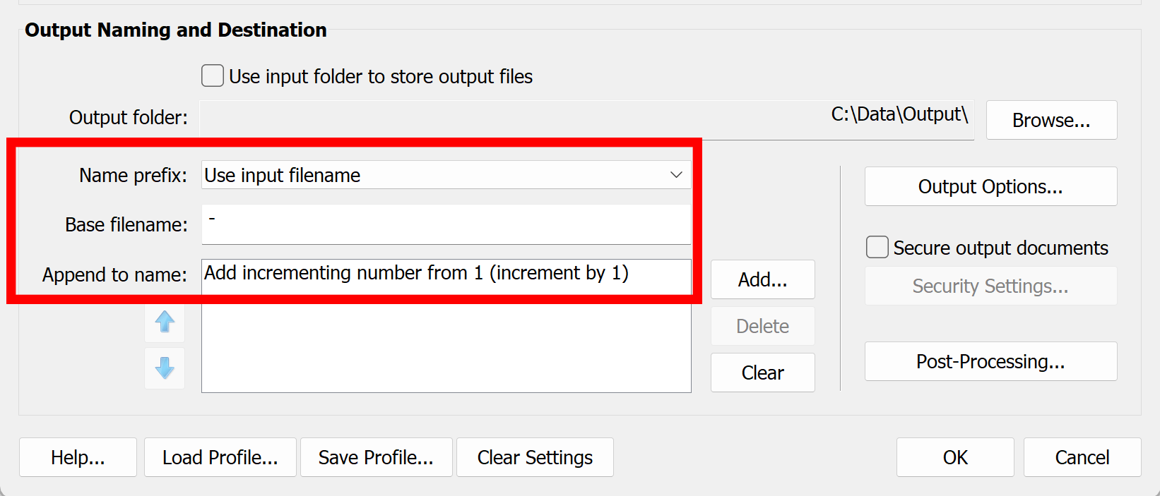Press Add button to configure output file naming