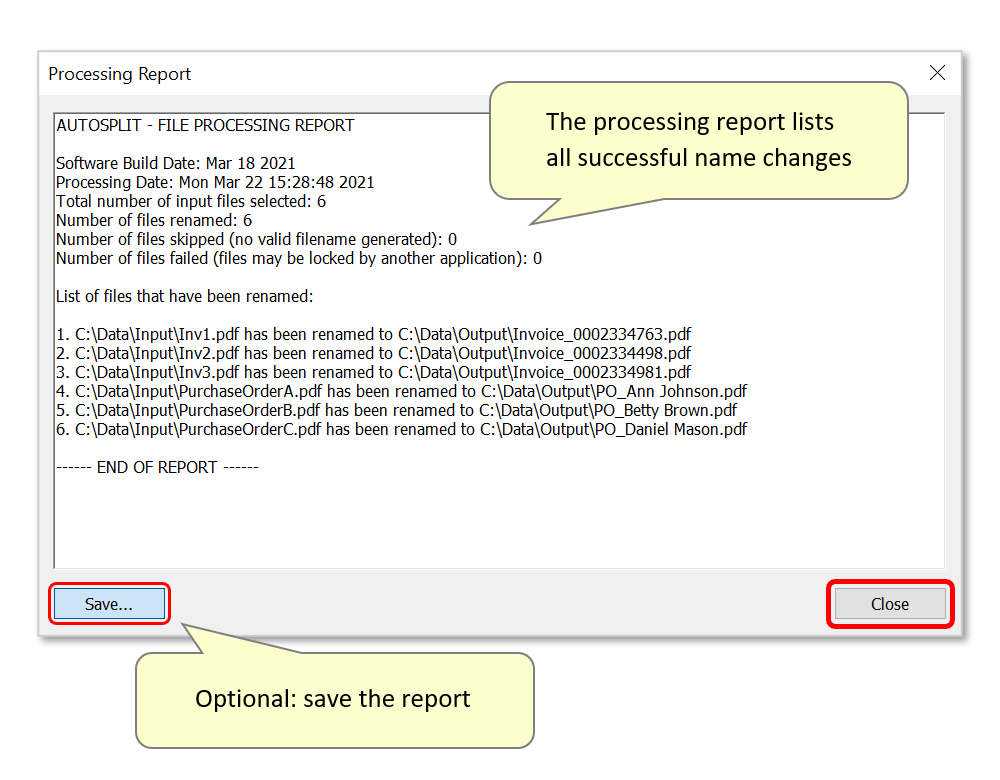 save/close the report