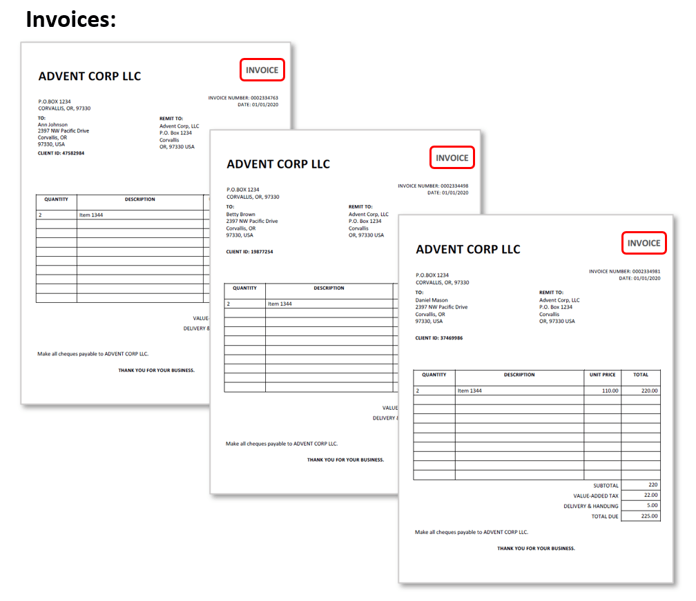 Input document layout - invoices