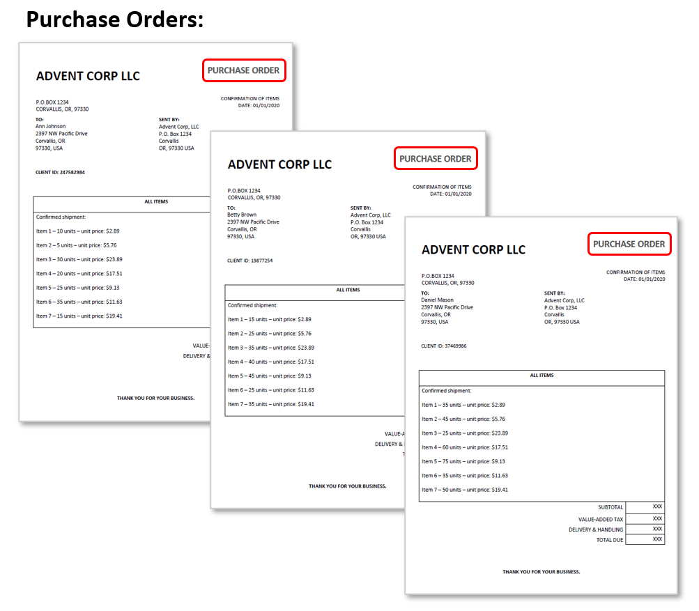 Input document layout - purchase orders
