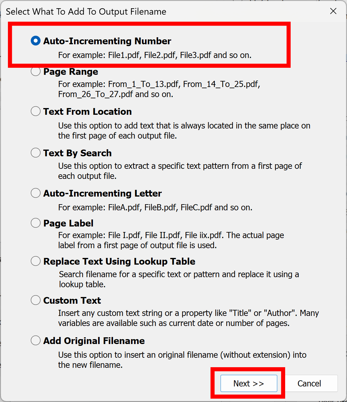 Select auto-incrementing number option