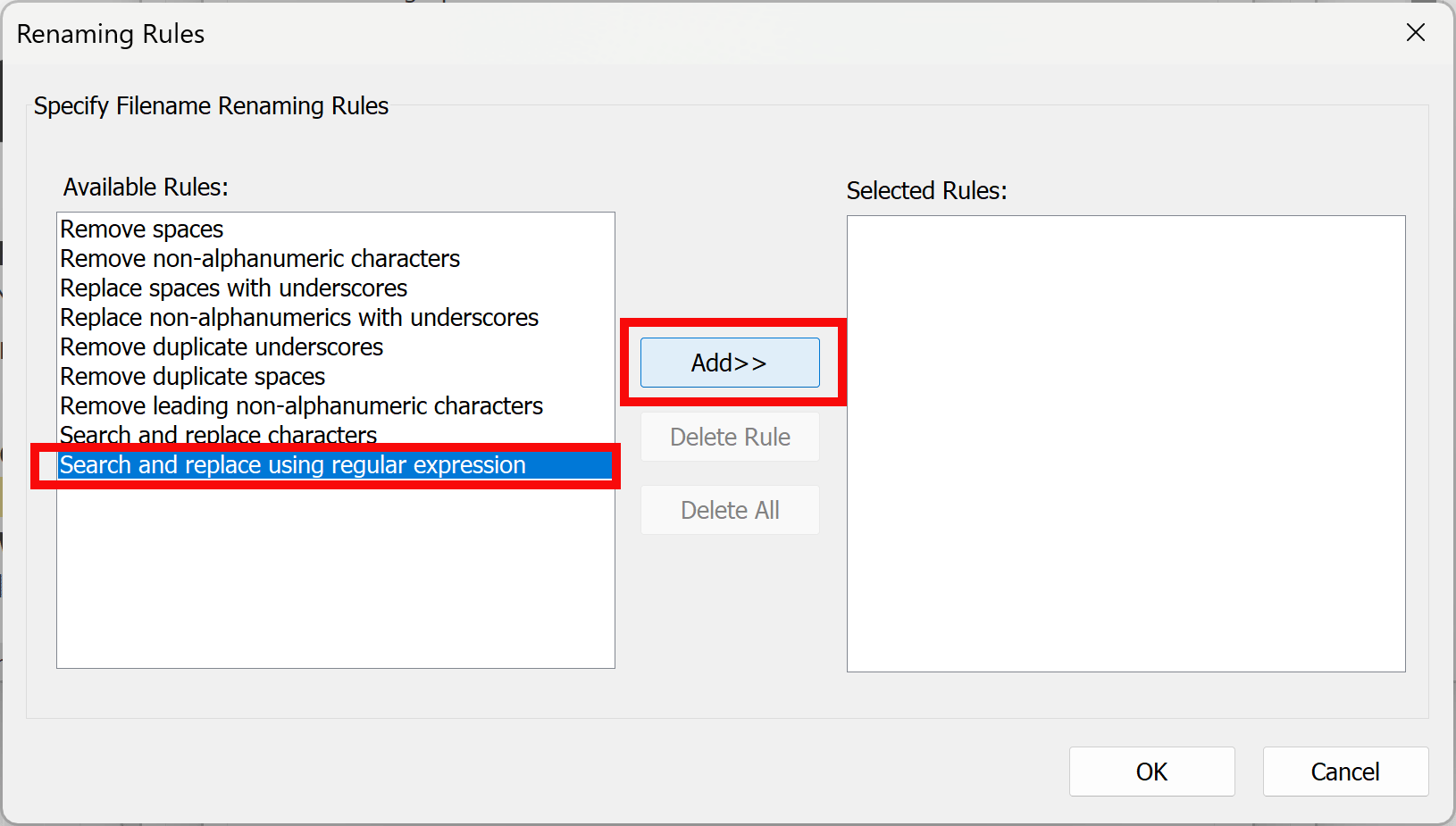 Select Search and replace using regular expressions option and press Add button